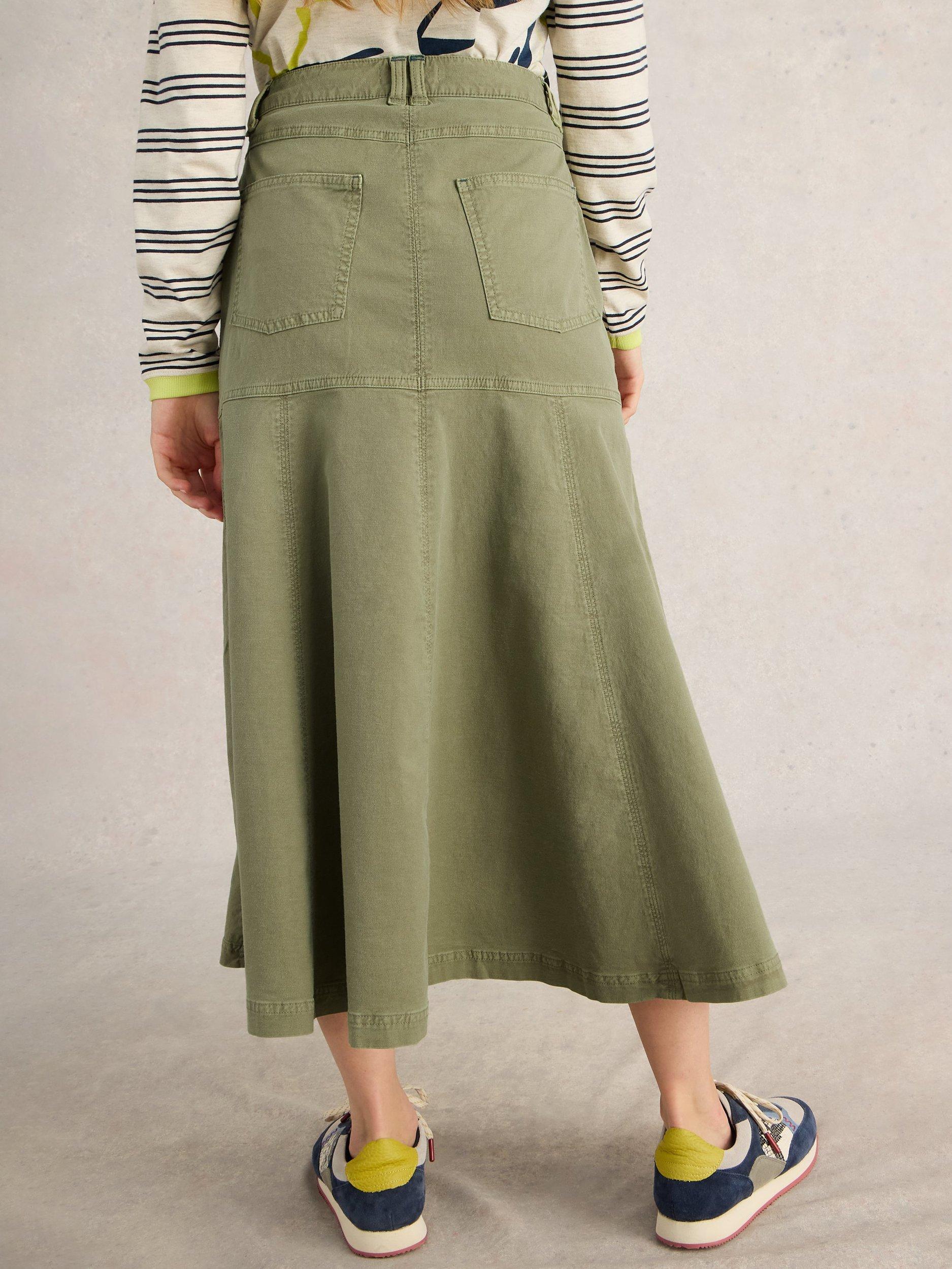 Product image 2 of 6, which shows White Stuff Quinn Organic Cotton Rich Midi Skirt, Khaki, 6