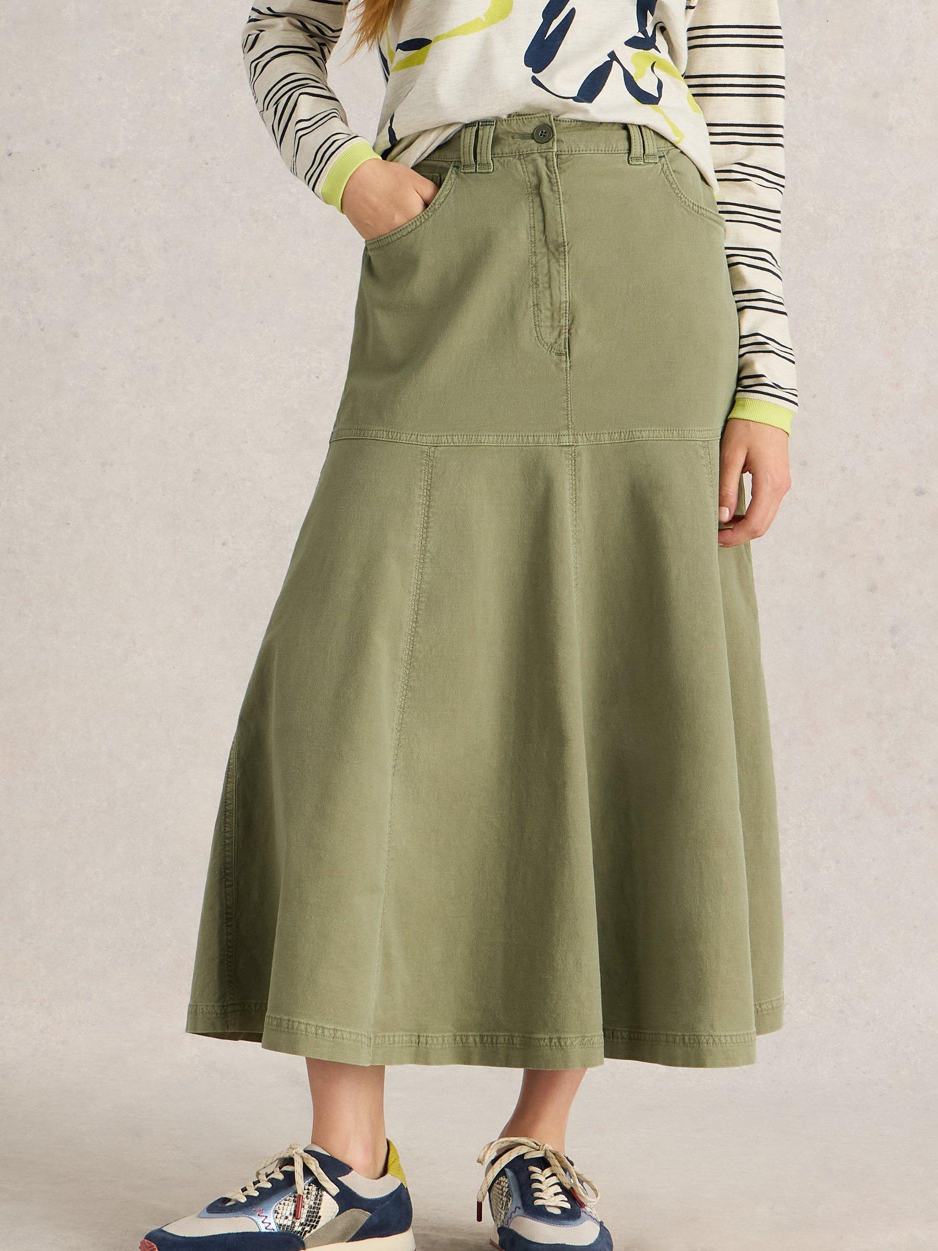 Product image 3 of 6, which shows White Stuff Quinn Organic Cotton Rich Midi Skirt, Khaki, 6