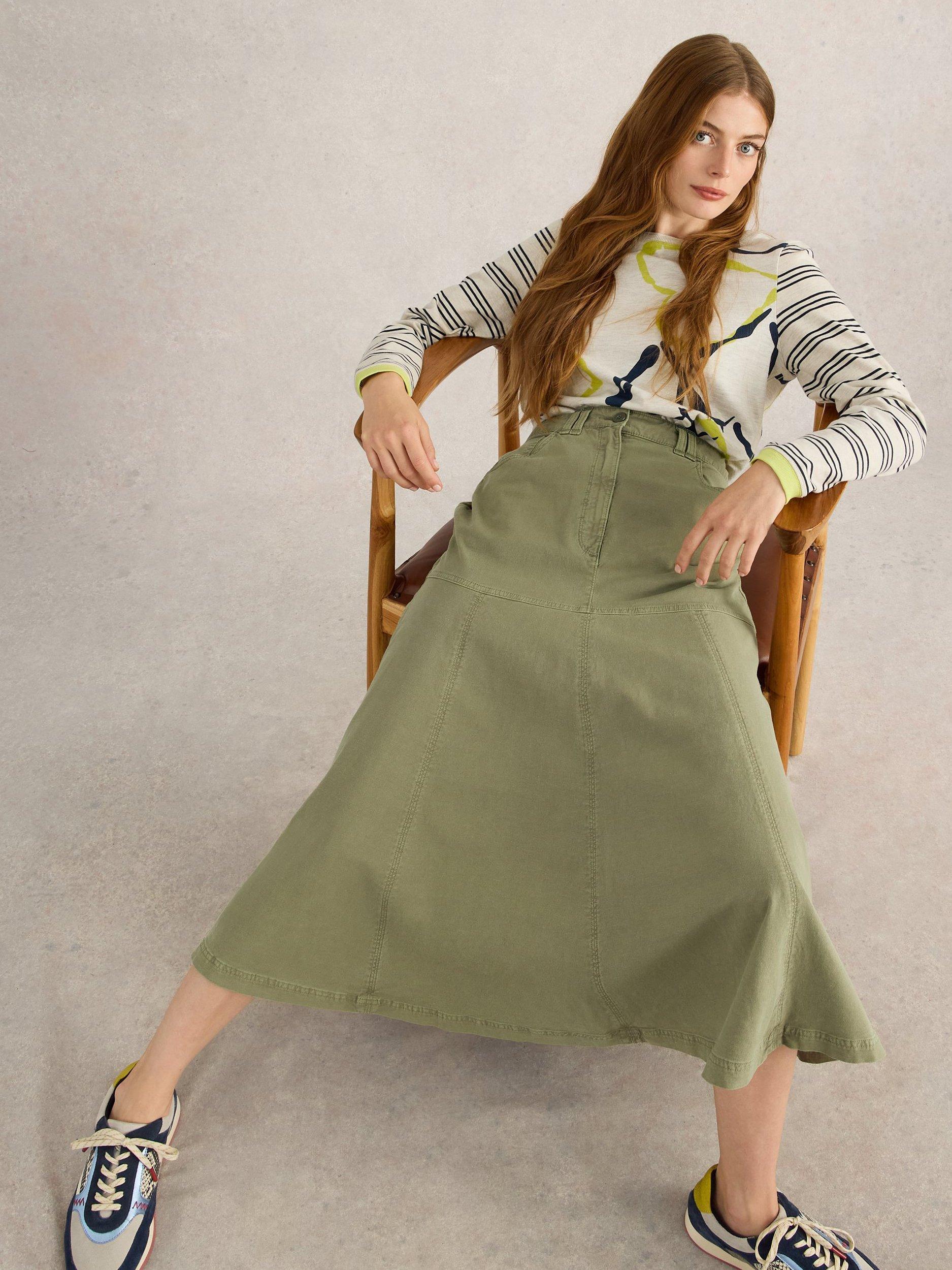 Product image 4 of 6, which shows White Stuff Quinn Organic Cotton Rich Midi Skirt, Khaki, 6