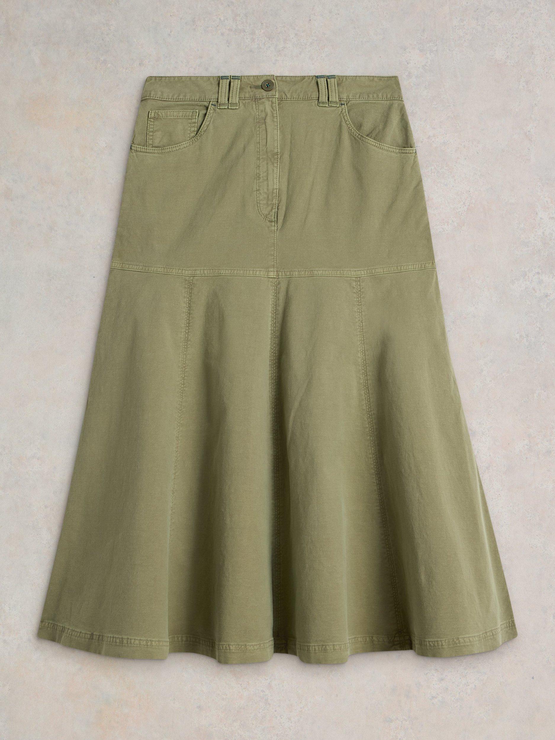 Product image 5 of 6, which shows White Stuff Quinn Organic Cotton Rich Midi Skirt, Khaki, 6