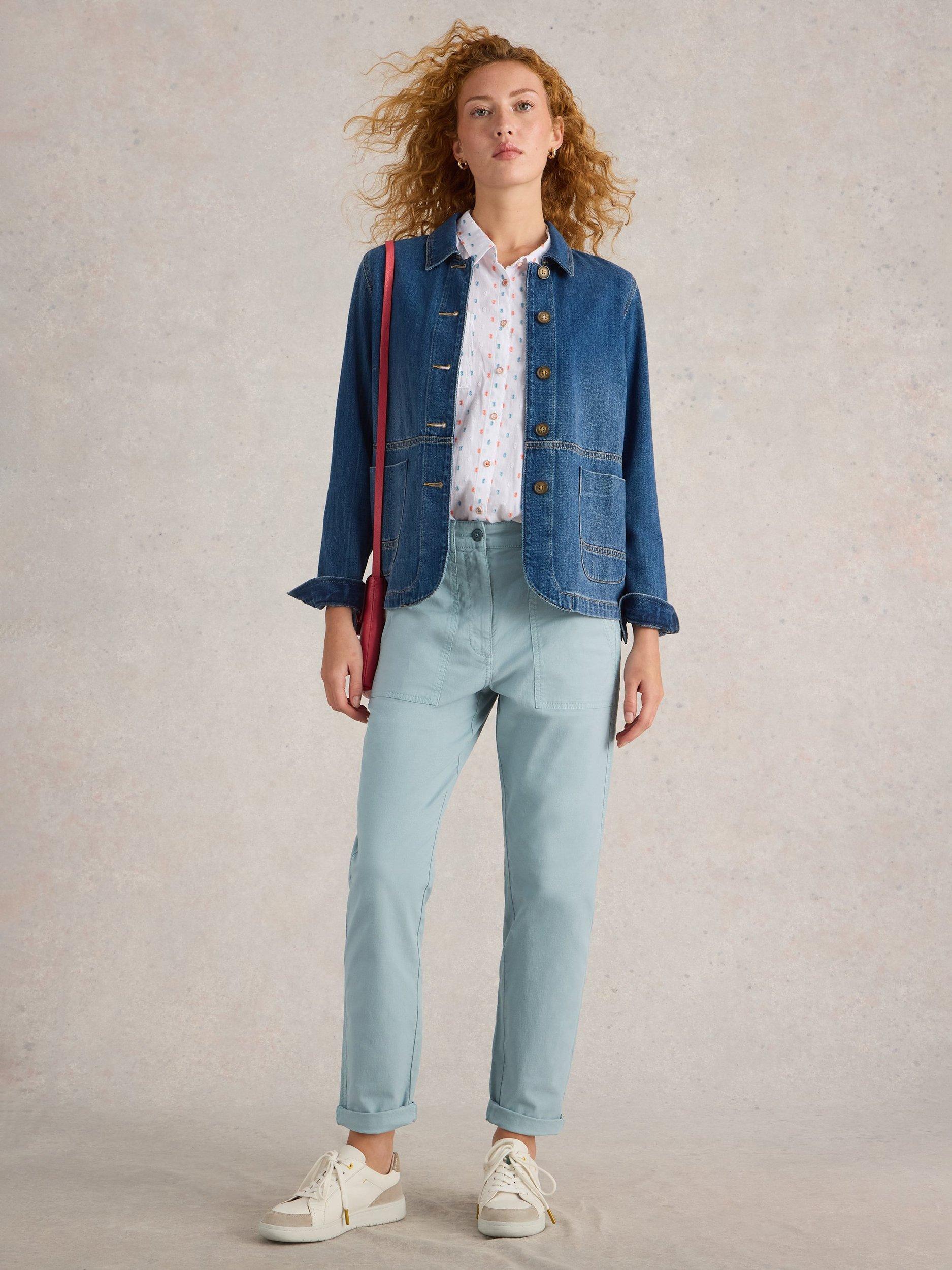 Product image 1 of 6, which shows White Stuff Twister Organic Cotton Rich Chino Trousers, Light Blue, 22R