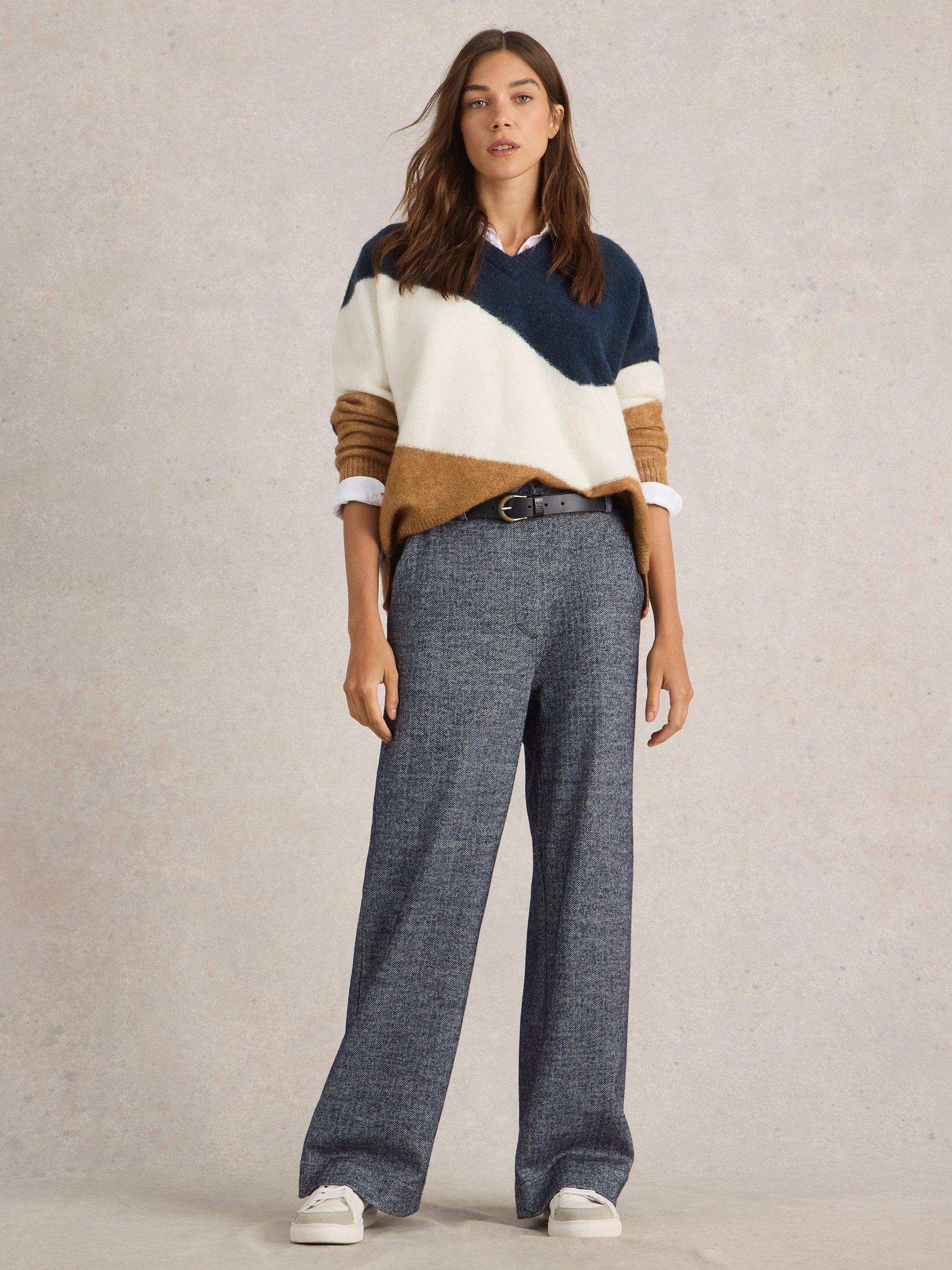 Product image 1 of 6, which shows White Stuff Belle Tweed Wide Leg Trousers, Navy/Multi, 12R