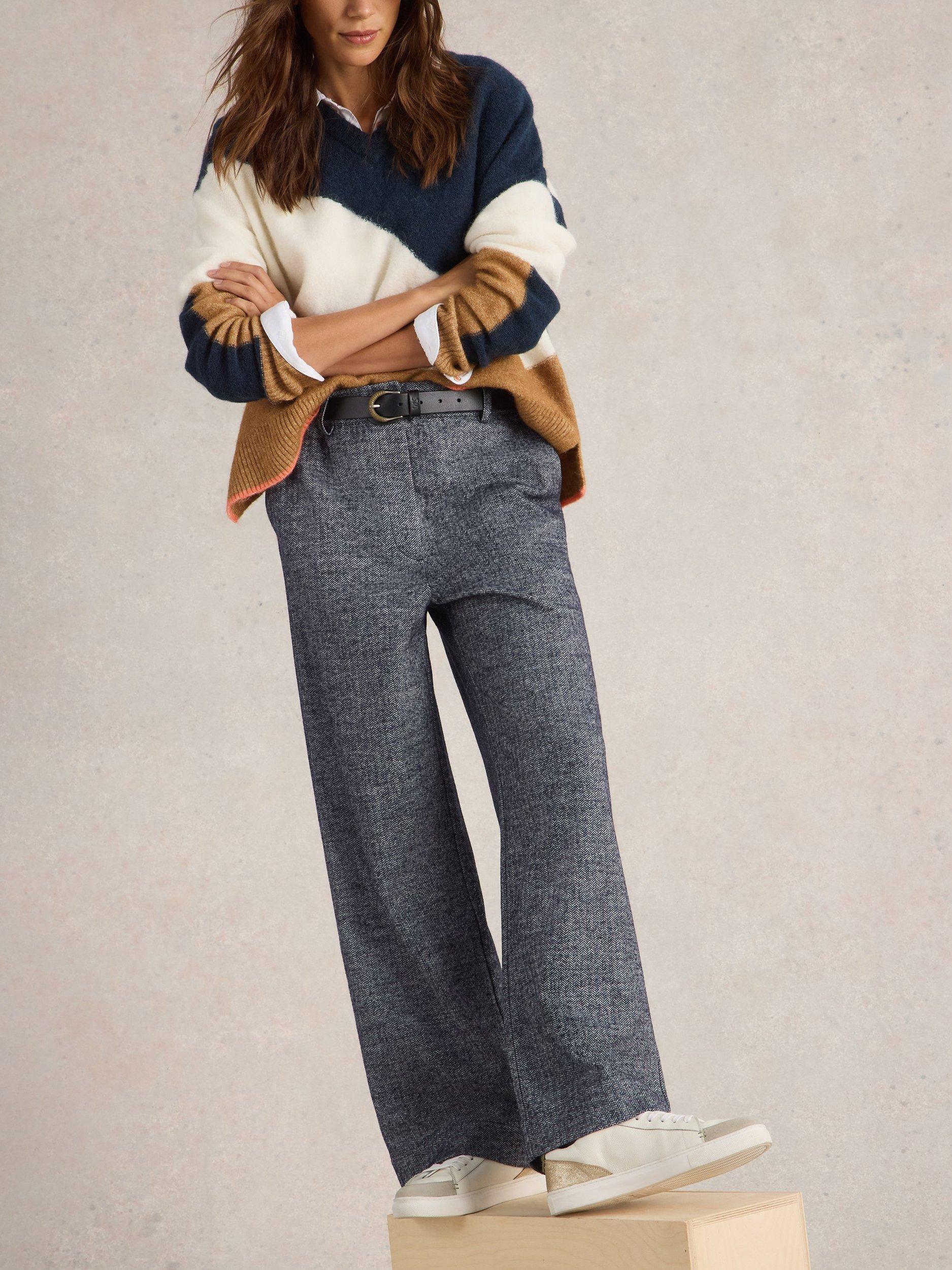 Product image 4 of 6, which shows White Stuff Belle Tweed Wide Leg Trousers, Navy/Multi, 12R