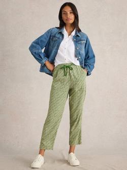 White Stuff Elle Graphic Floral Linen Blend Trousers, Green/Cream, Green/Cream