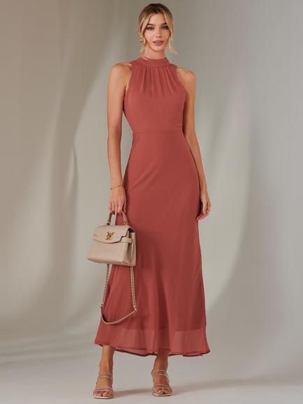 Jolie Moi Halterneck Chiffon Maxi, Dark Coral