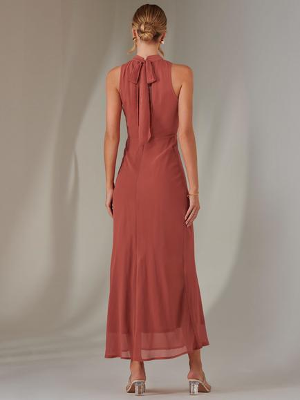 Jolie Moi Halterneck Chiffon Maxi - view 2, Dark Coral