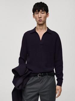 Mango Ludorums Wool Blend Regular Fit Long Sleeve Polo Shirt, Navy, Navy