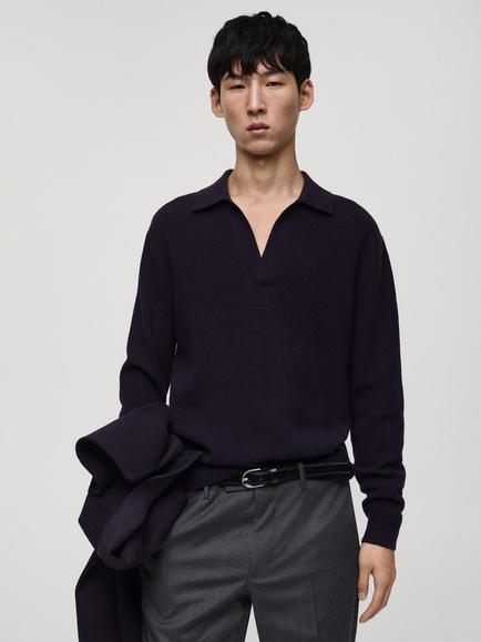 Mango Ludorums Wool Blend Regular Fit Long Sleeve Polo Shirt, Navy, Navy