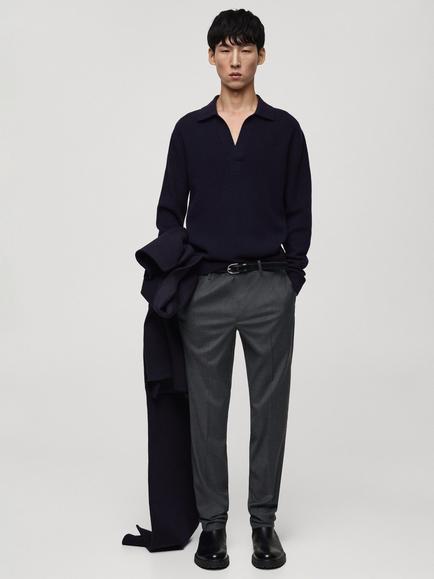 Mango Ludorums Wool Blend Regular Fit Long Sleeve Polo Shirt, Navy - view 2, Navy