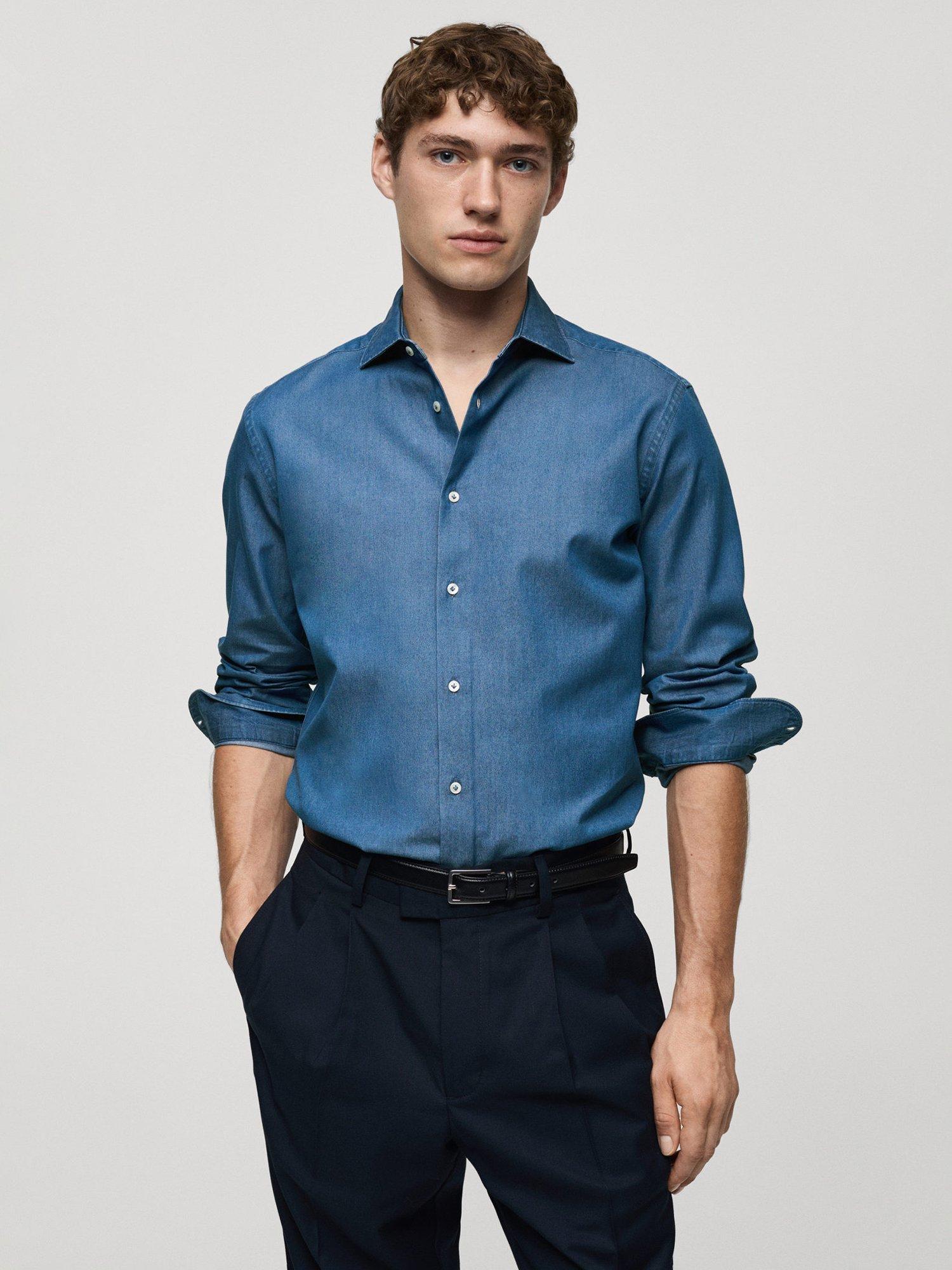 Product image 1 of 8, which shows Mango Cotton Regular Fit Print Shirt, Sky Blue, S