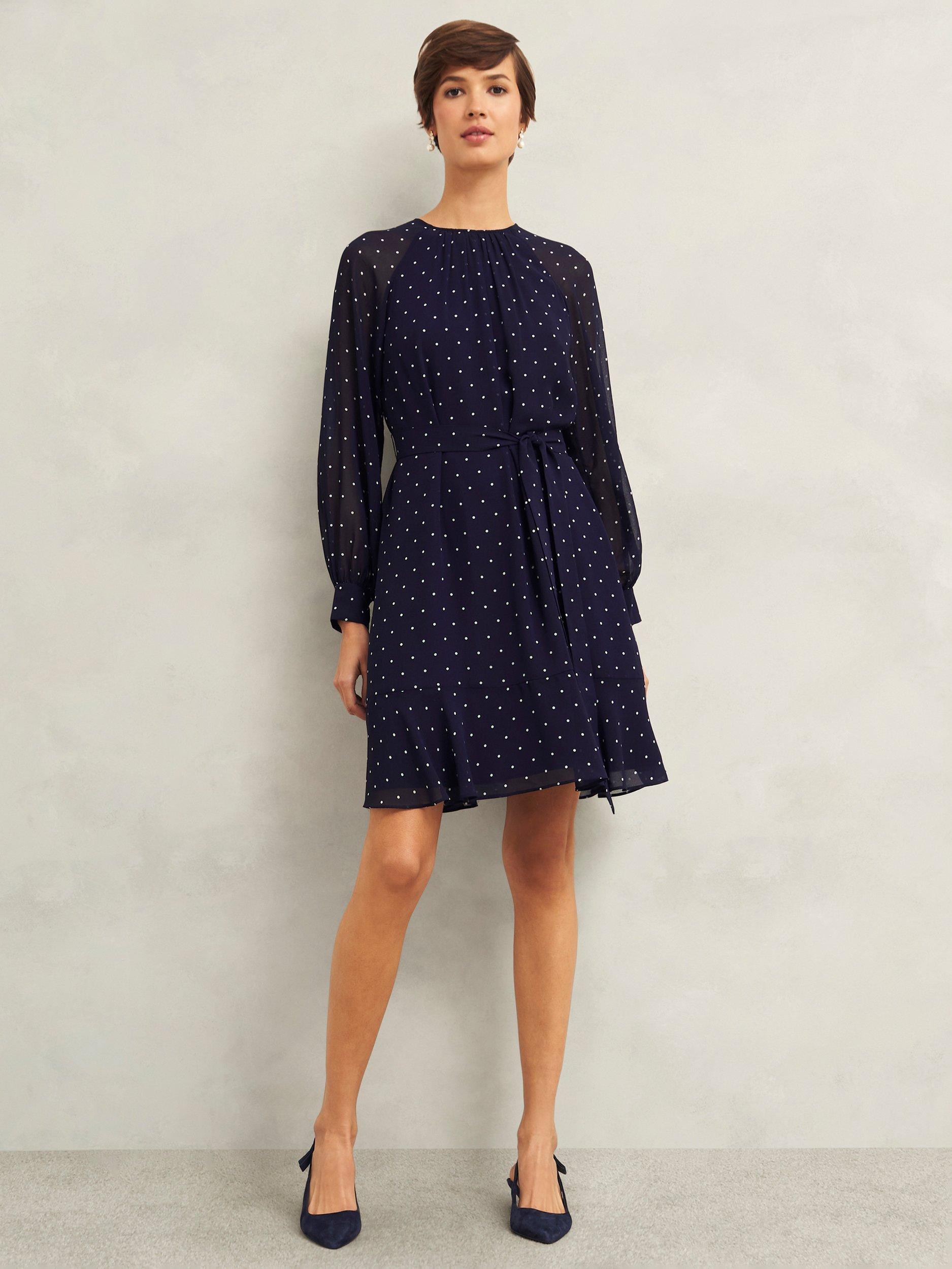 Product image 1 of 7, which shows Hobbs Rosie Polka Dot Dress, Navy/Ivory, 10