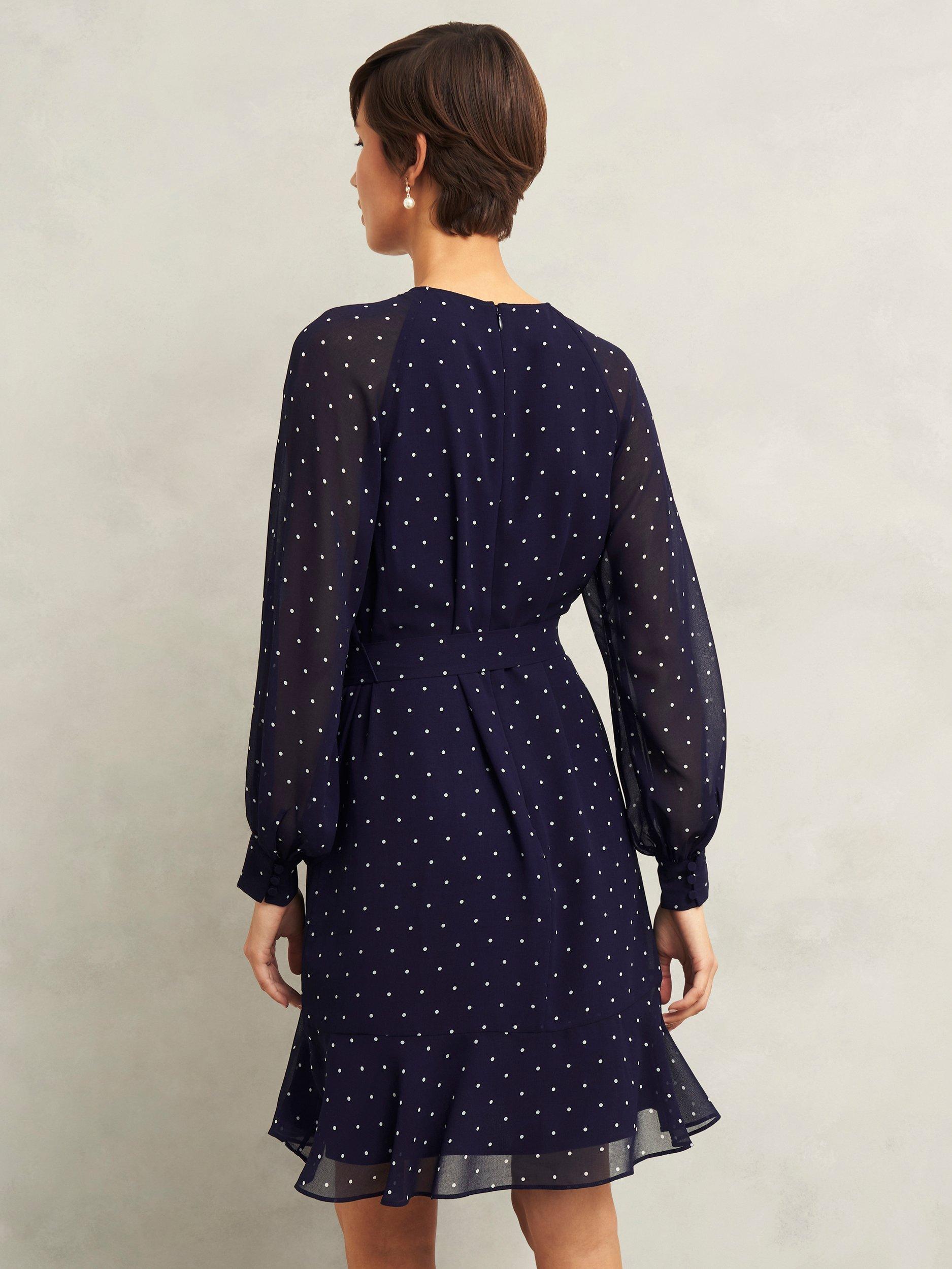 Product image 2 of 7, which shows Hobbs Rosie Polka Dot Dress, Navy/Ivory, 10