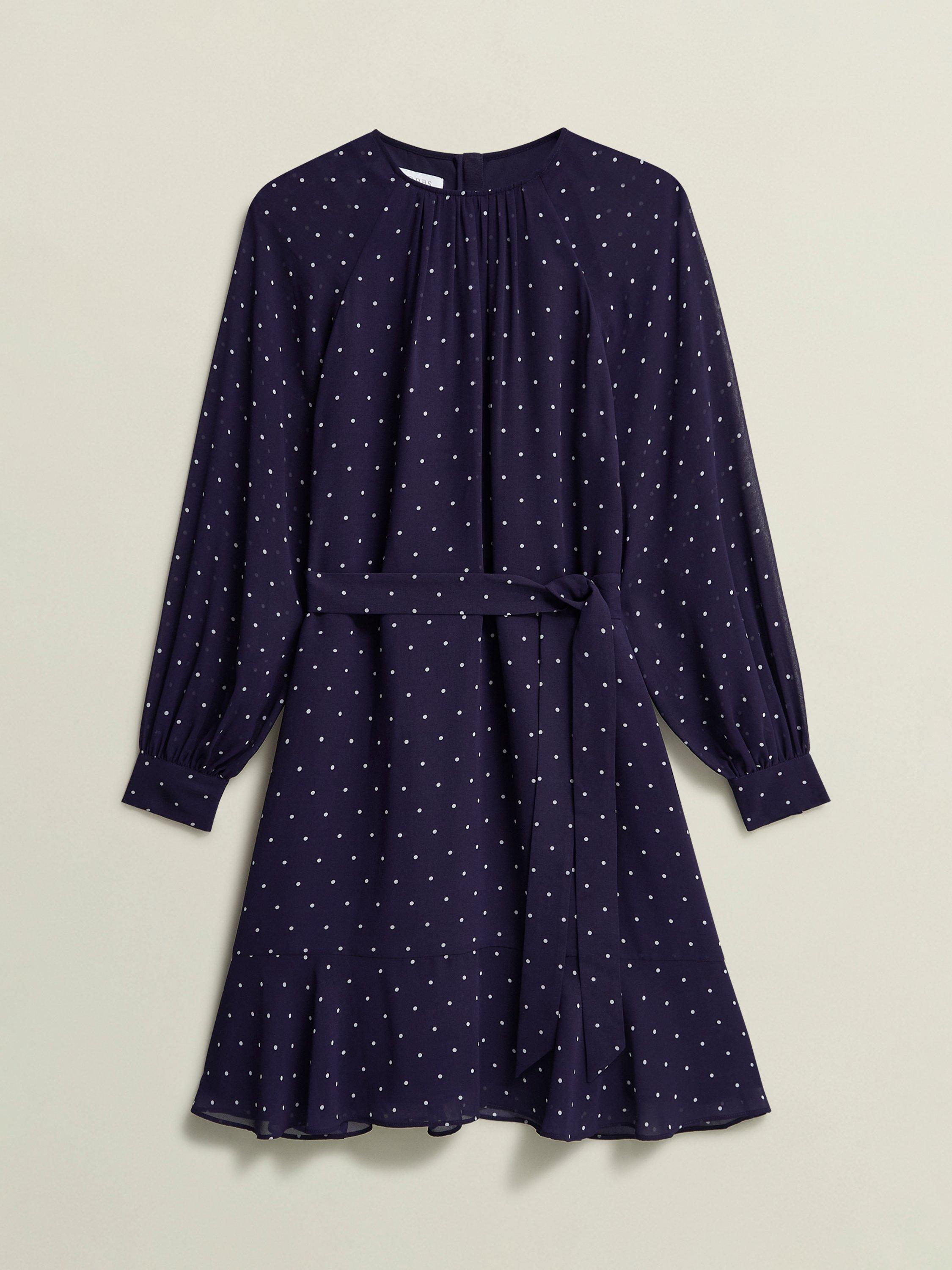 Product image 4 of 7, which shows Hobbs Rosie Polka Dot Dress, Navy/Ivory, 10