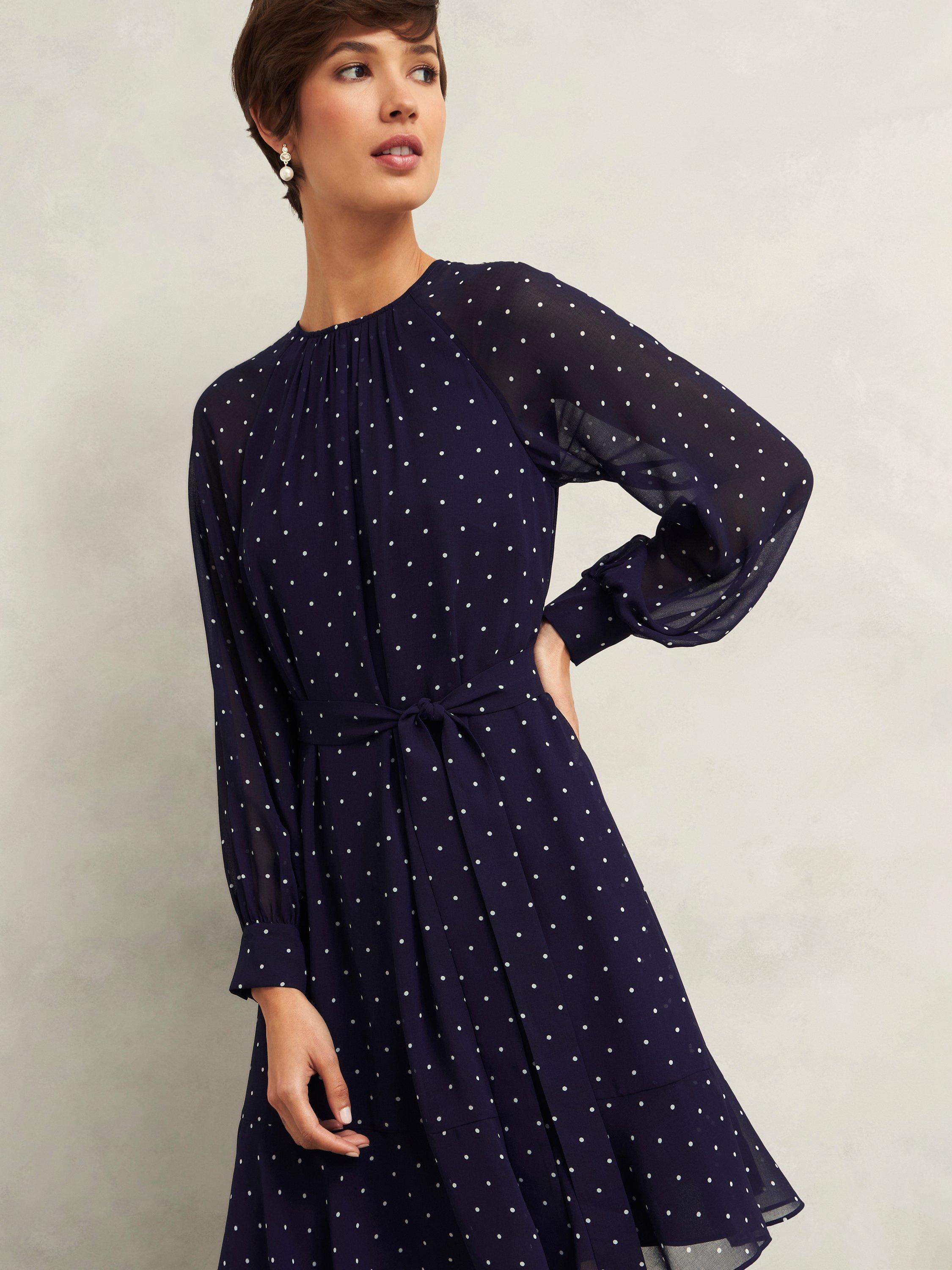 Product image 5 of 7, which shows Hobbs Rosie Polka Dot Dress, Navy/Ivory, 10