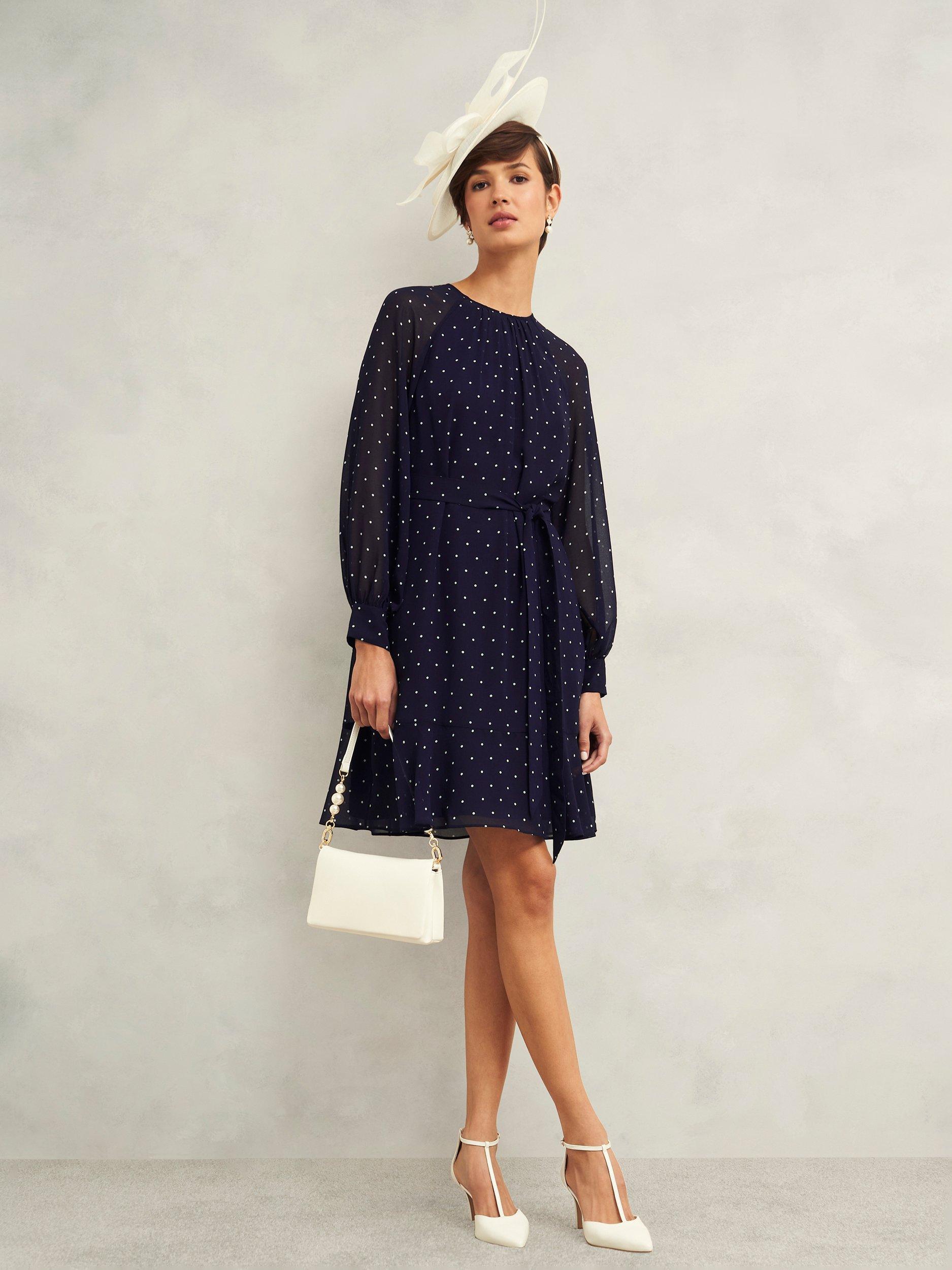 Product image 7 of 7, which shows Hobbs Rosie Polka Dot Dress, Navy/Ivory, 10