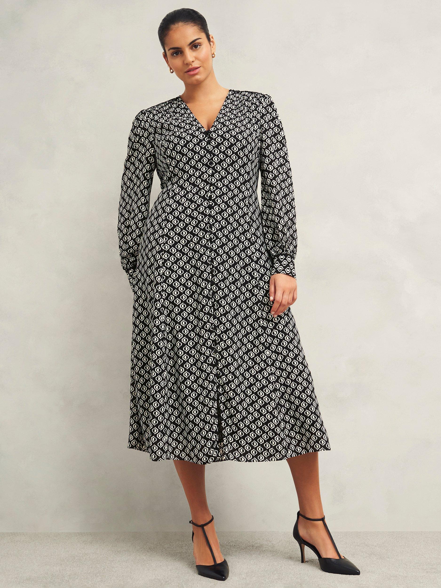 Product image 1 of 7, which shows Hobbs Zadie Geometric Dress, Black/Cream, 10