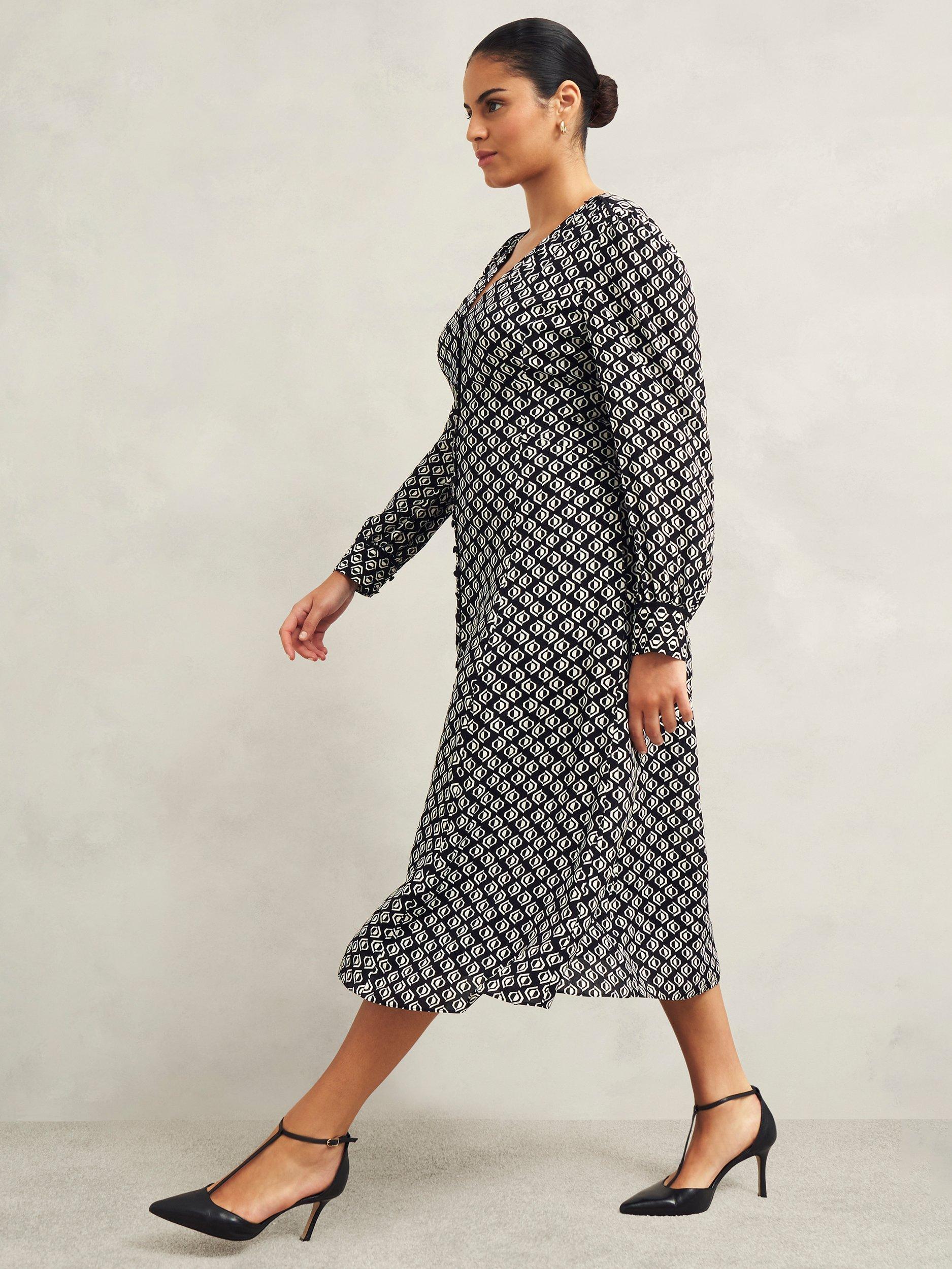 Product image 6 of 7, which shows Hobbs Zadie Geometric Dress, Black/Cream, 10