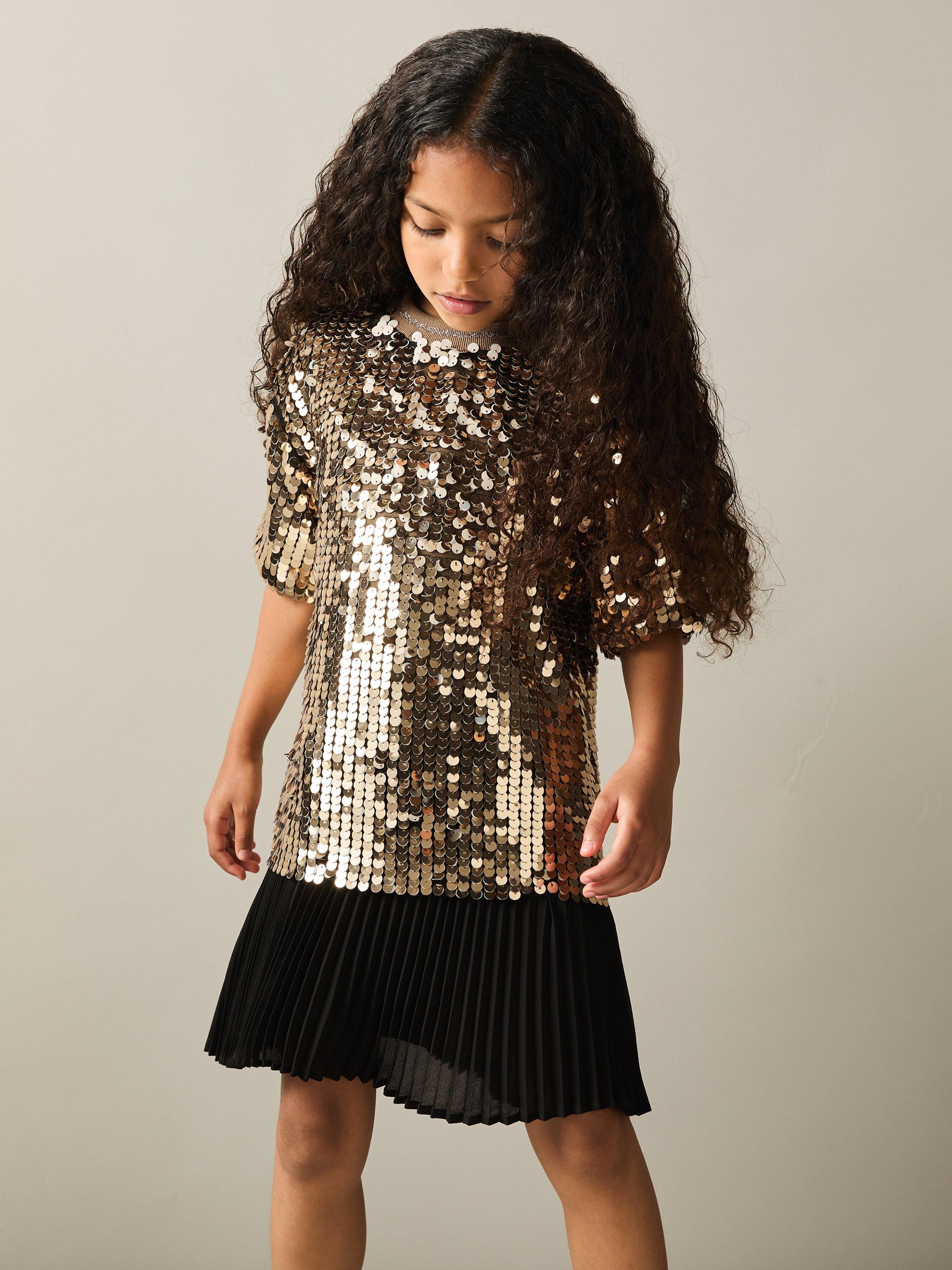 Reiss Kids' Darcey Sequin T-Shirt Dress, Gold