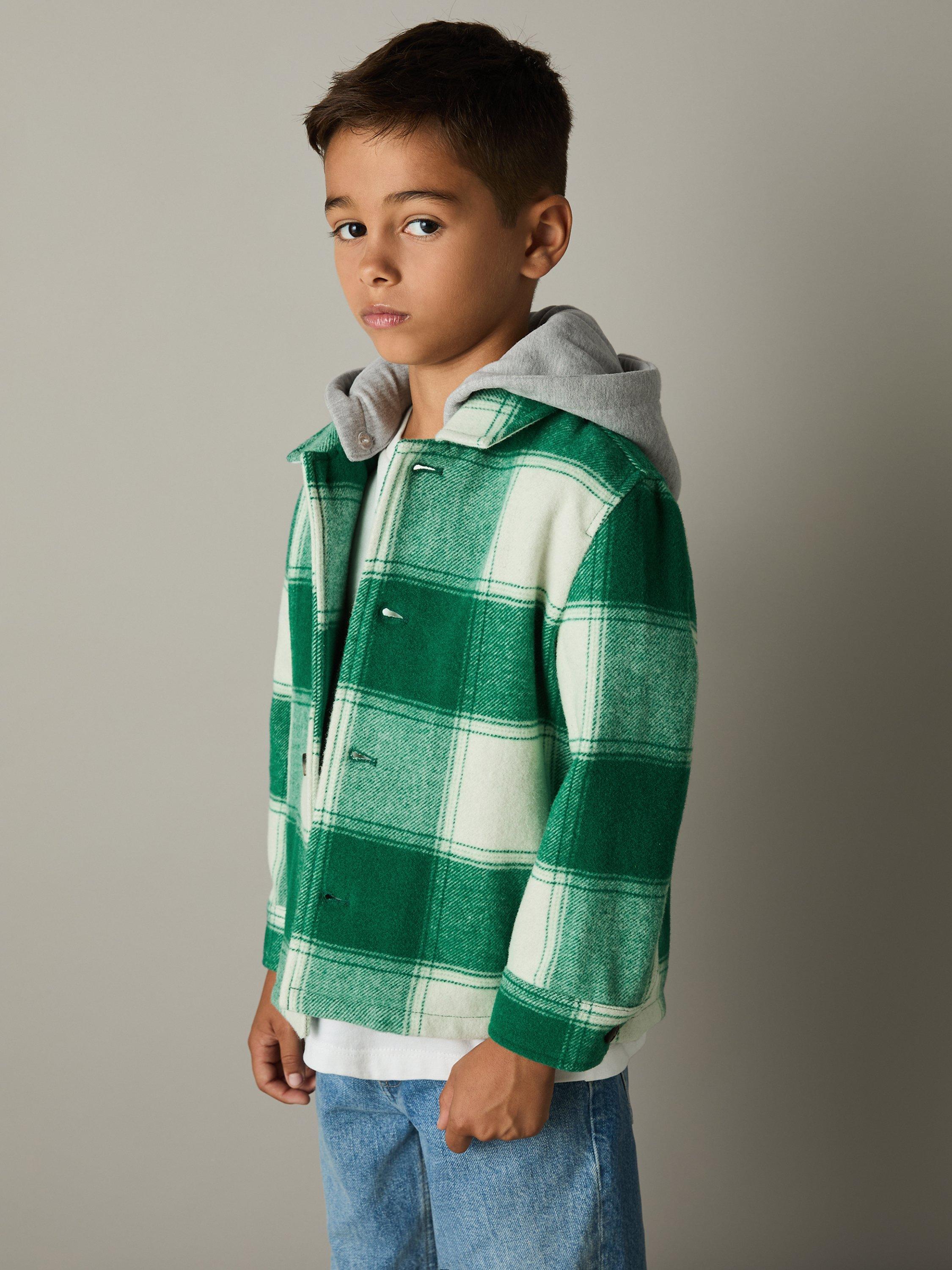Reiss Kids' McFadden Check Wool Blend Overshirt, Green/Off White