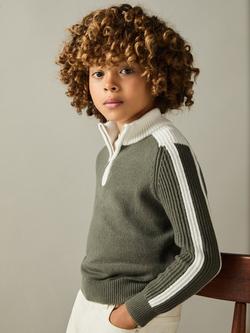 Reiss Kids' Carnellis Quarter Zip Wool Blend Jumper, Sage/White, Sage/White