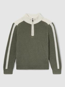 Reiss Kids' Carnellis Quarter Zip Wool Blend Jumper, Sage/White - view 2, Sage/White