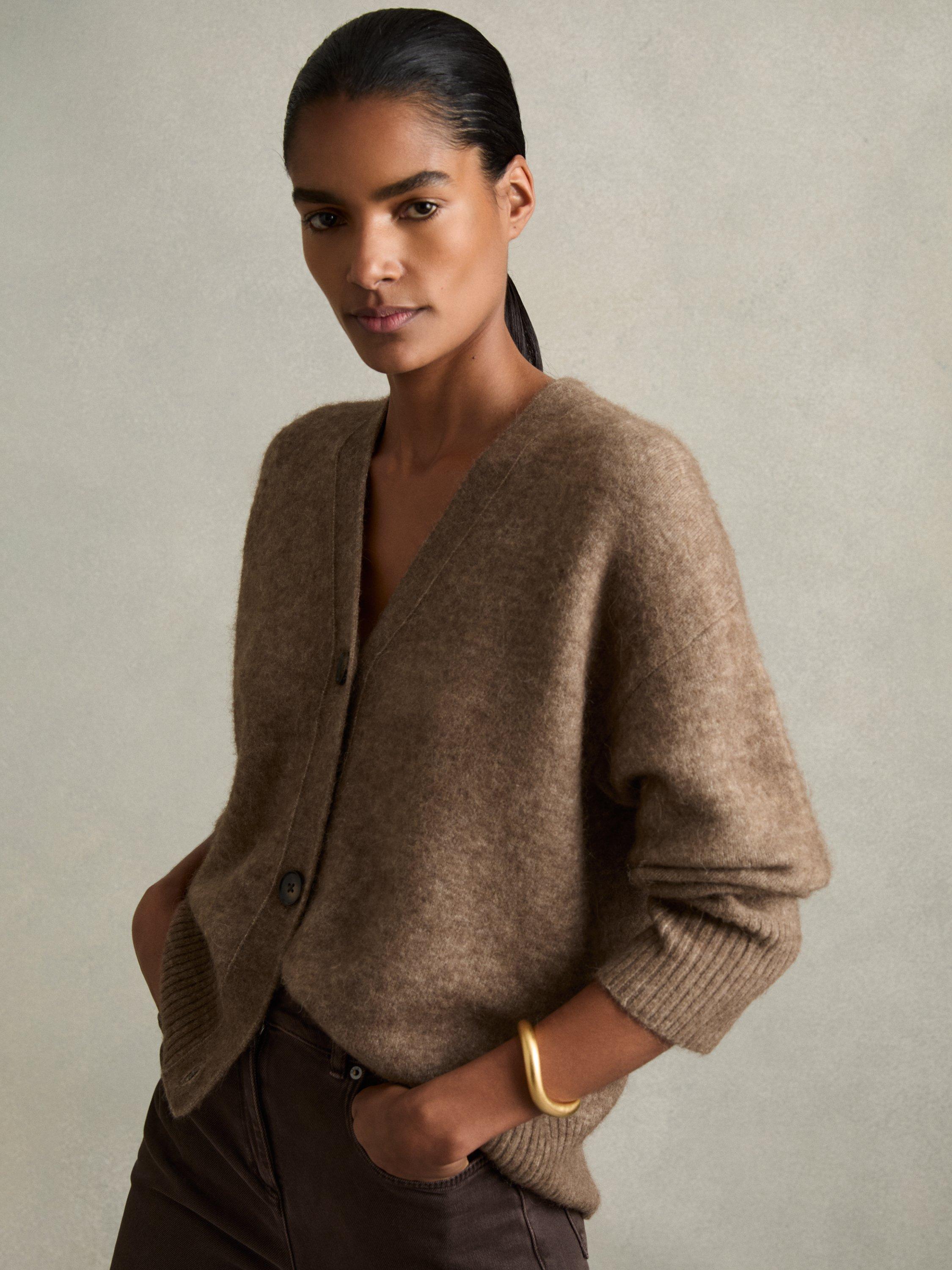 Reiss Robyn Brushed Knit Wool Blend Cardigan, Mink