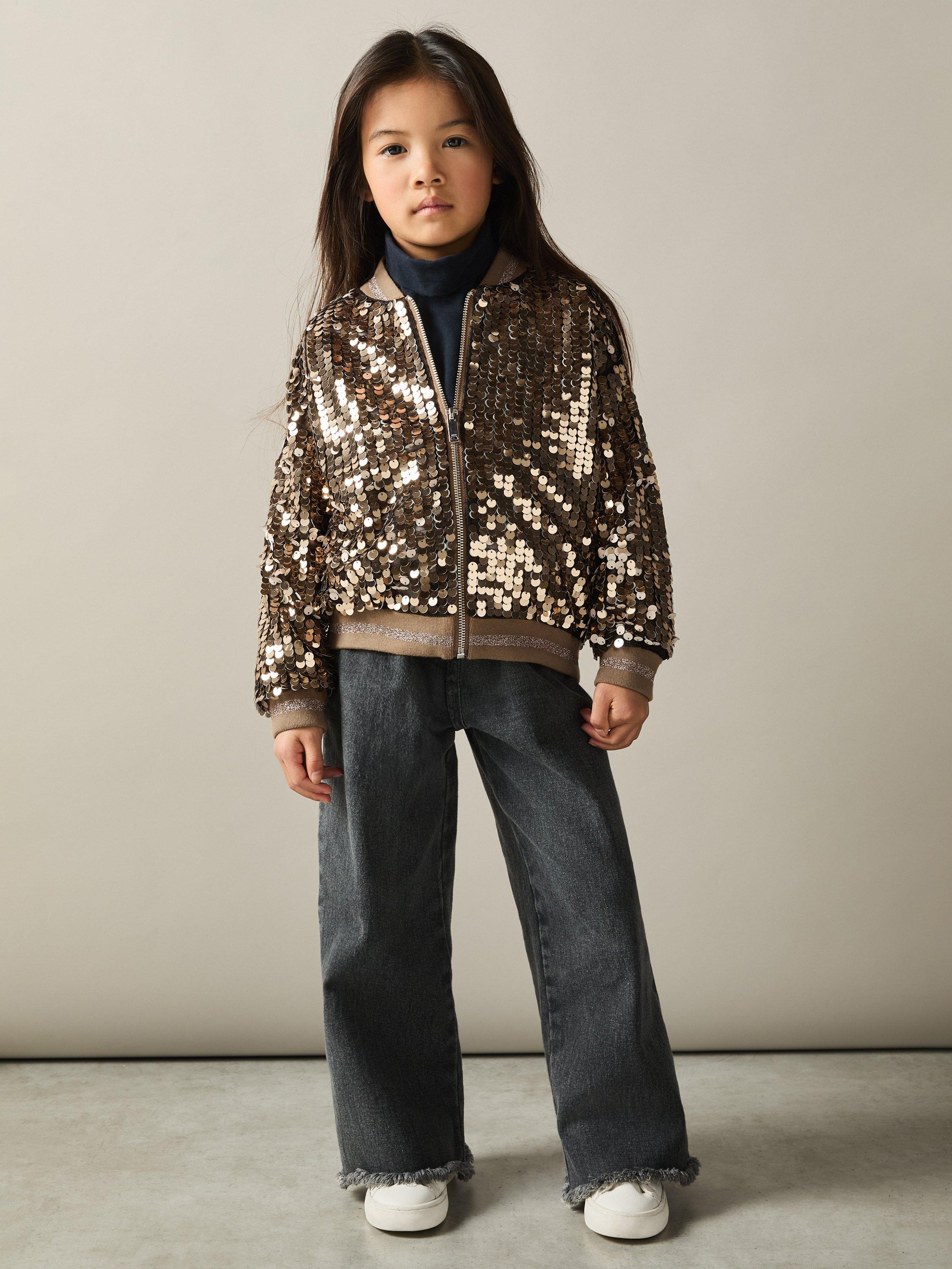 Reiss Kids' Rebecca Sequin Bomber Jacket, Gold