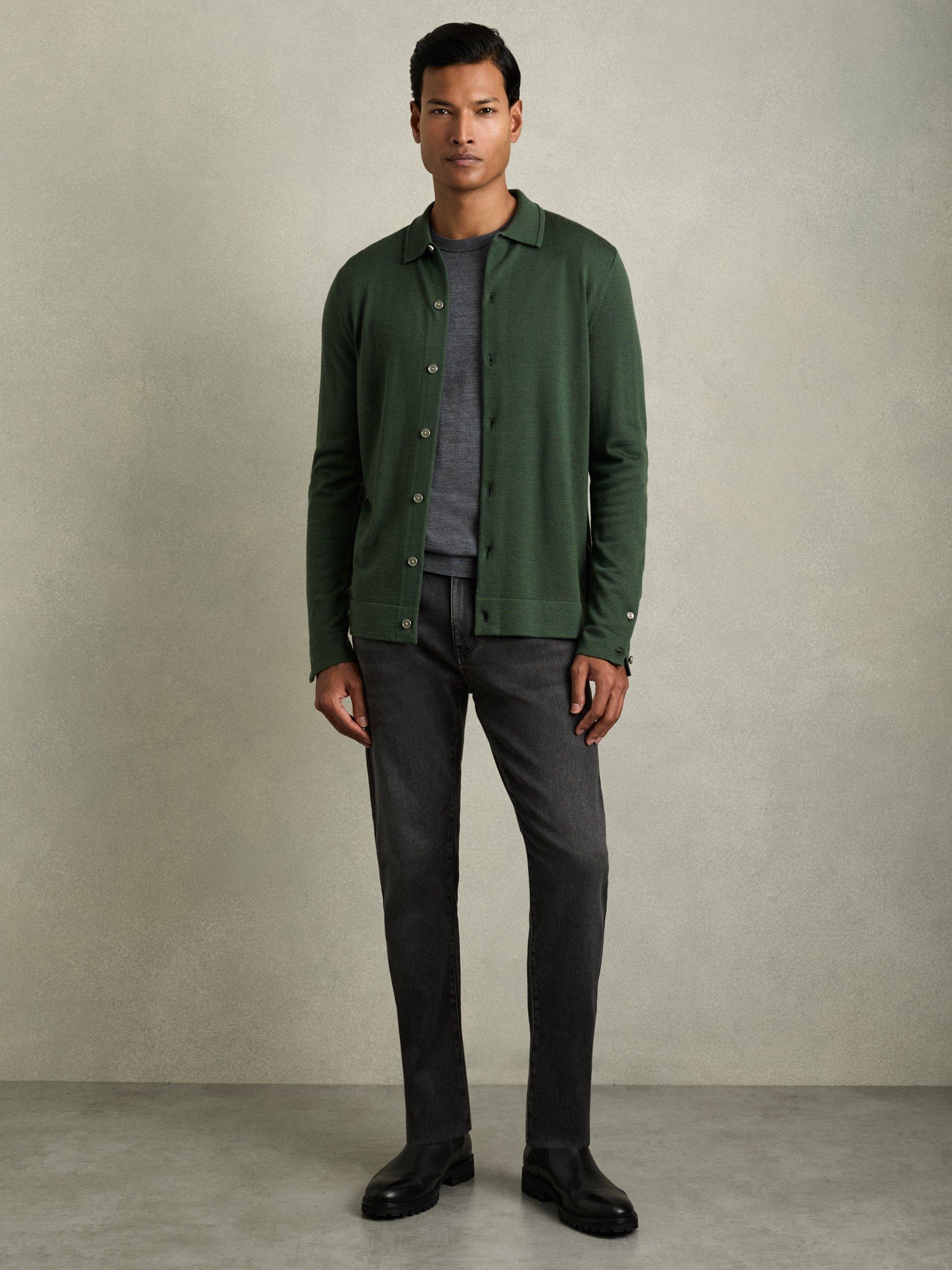 Reiss Forbes Wool Knitted Shirt, Dark Kale Green