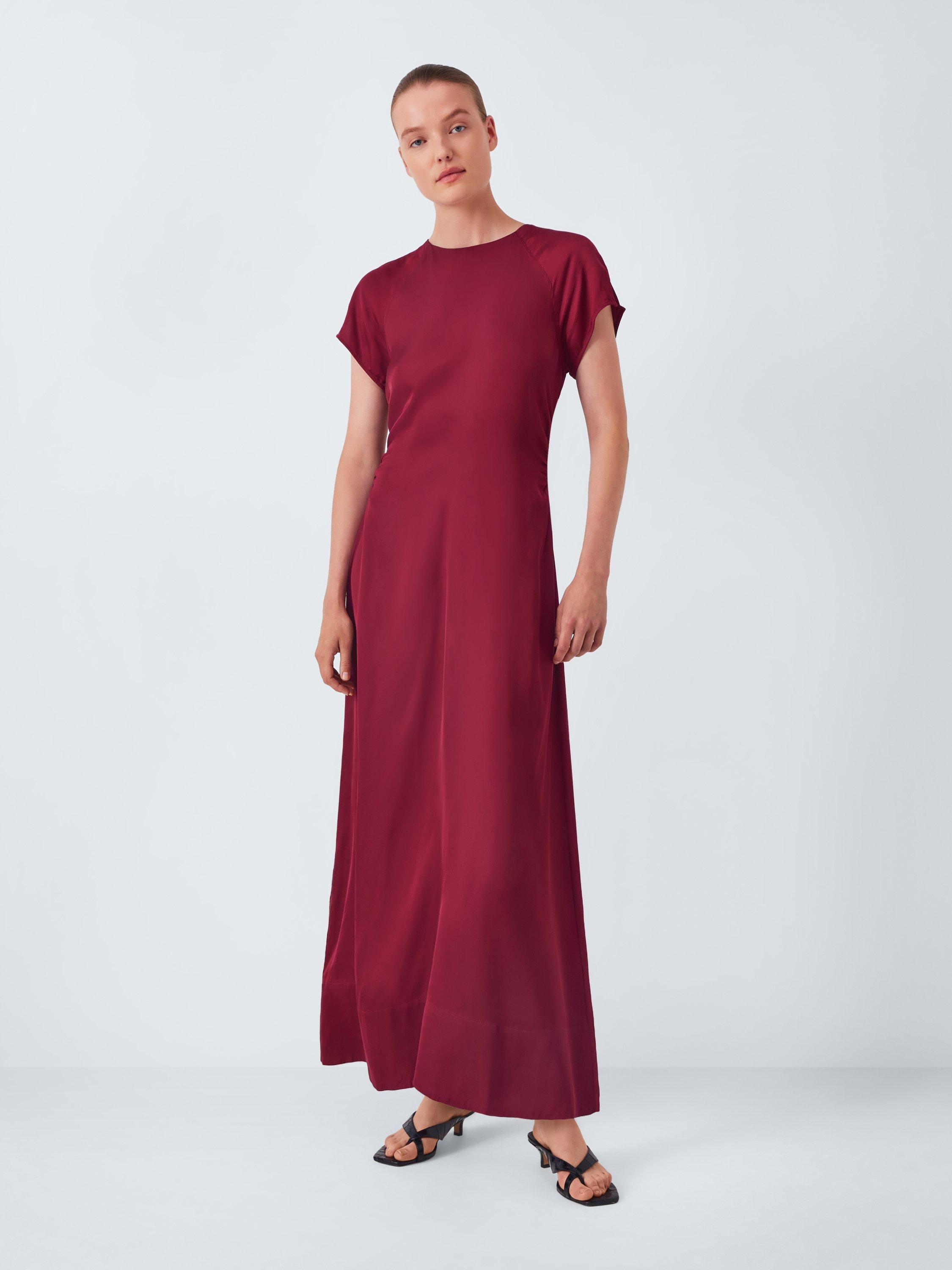 Product image 1 of 6, which shows John Lewis Short Sleeved Ruched Back Midi Dress, Red, 8