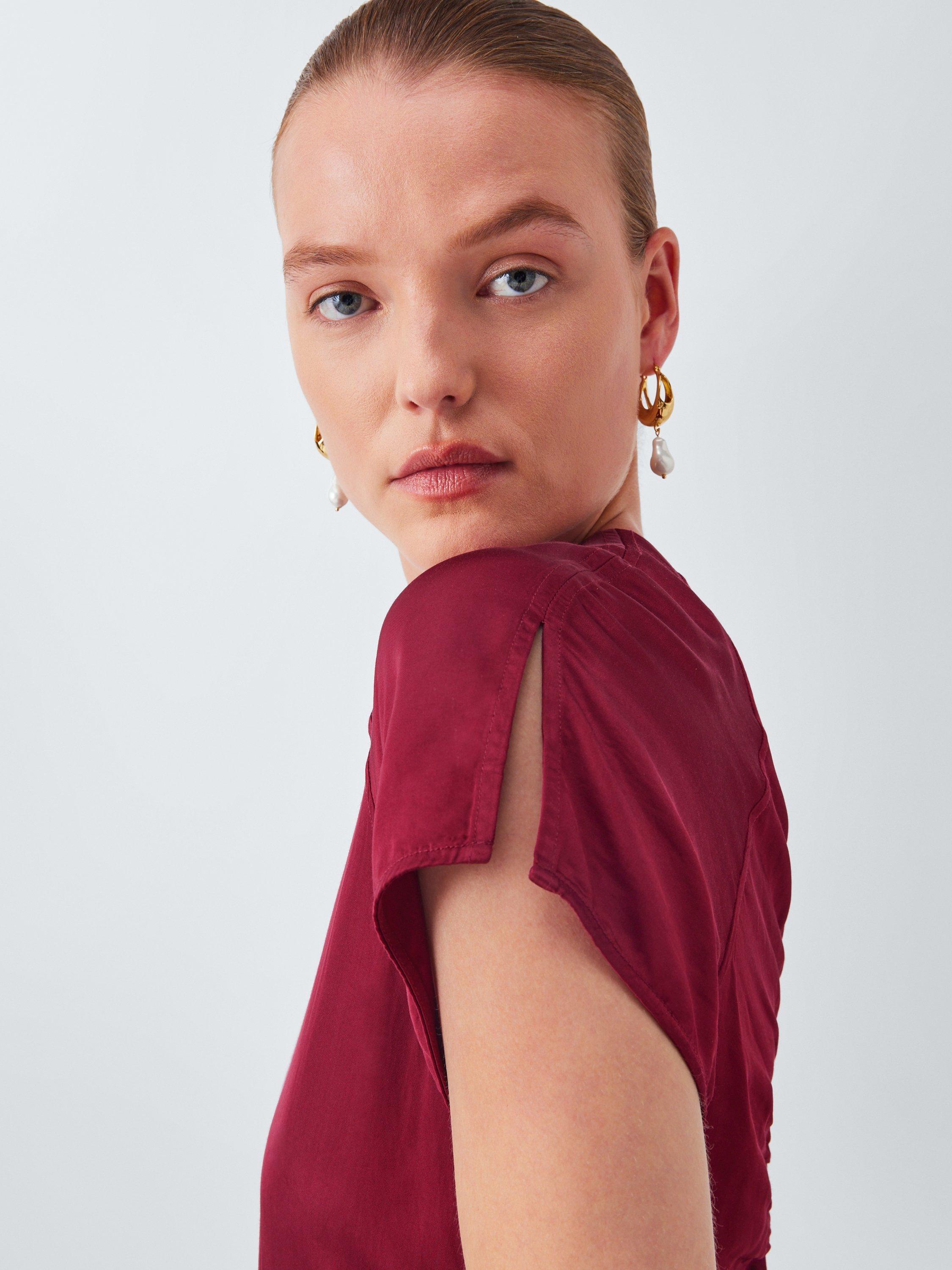 Product image 5 of 6, which shows John Lewis Short Sleeved Ruched Back Midi Dress, Red, 8