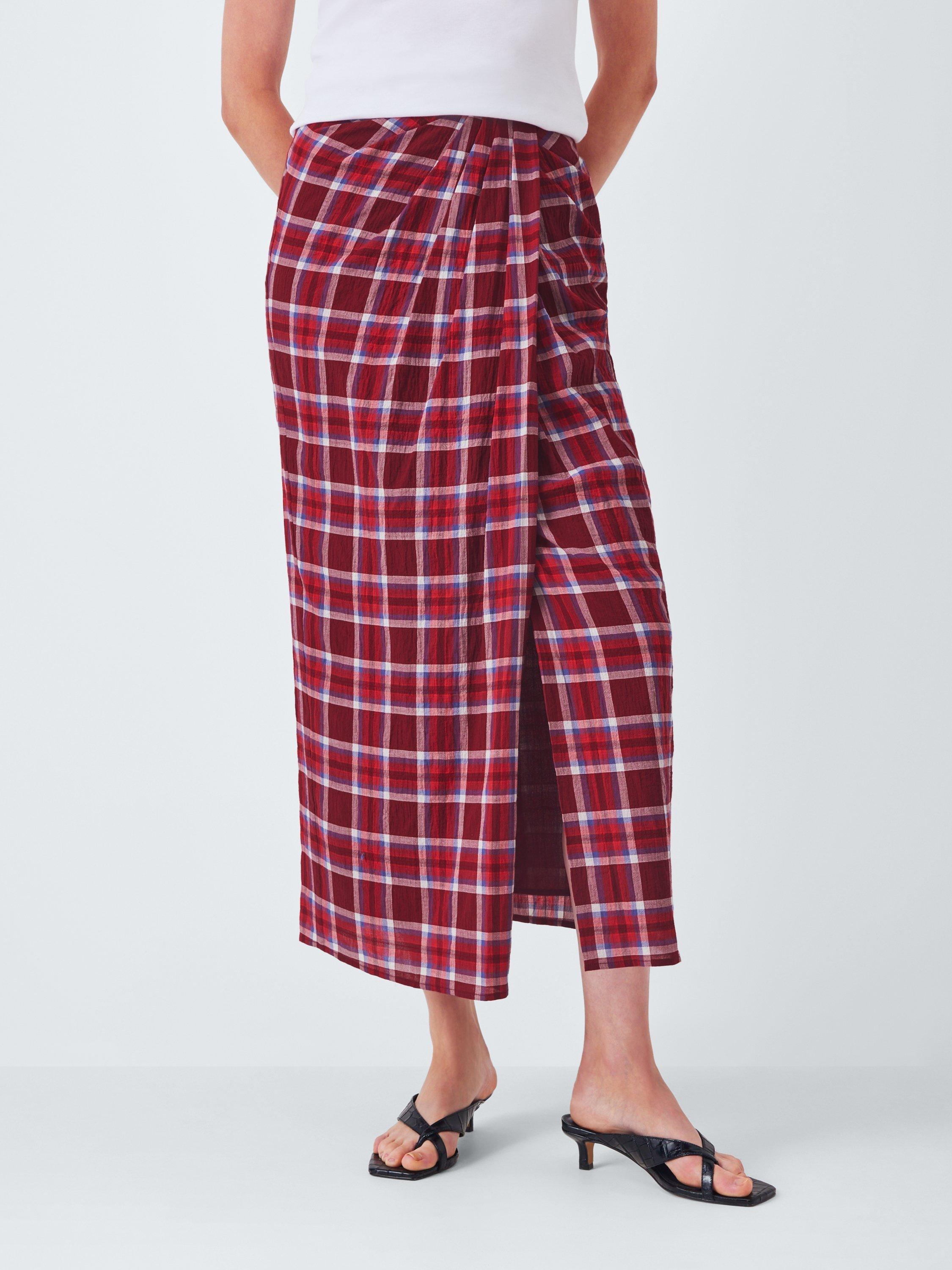 Product image 1 of 6, which shows John Lewis Check Cotton Blend Midi Skirt, Red, 8