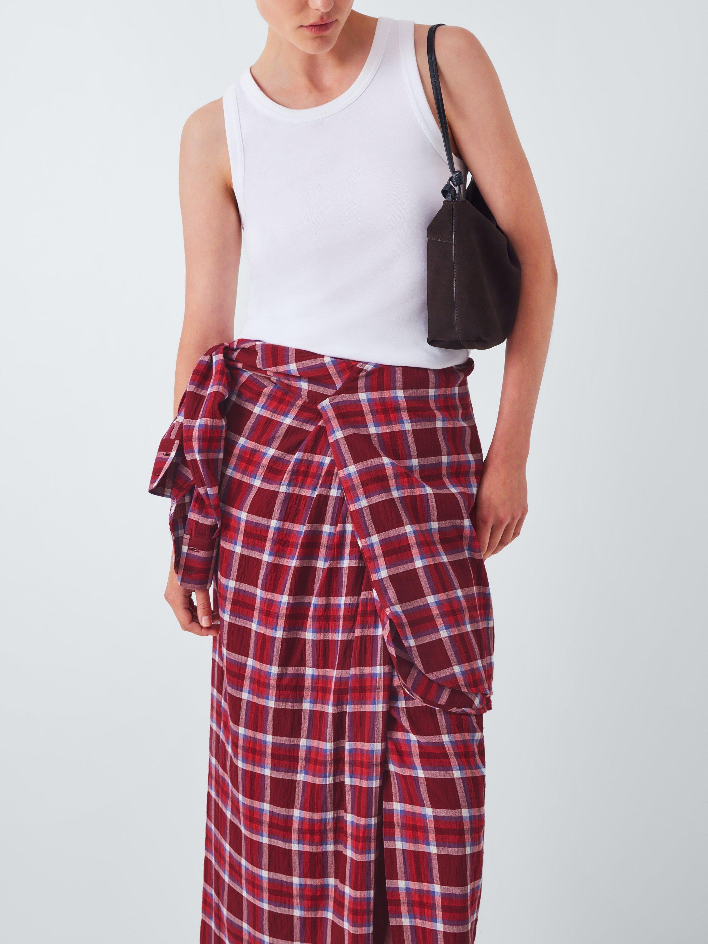Product image 5 of 6, which shows John Lewis Check Cotton Blend Midi Skirt, Red, 8