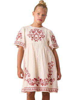 Angel & Rocket Kids' Embroidered Swing Dress, Natural/Multi, Natural/Multi