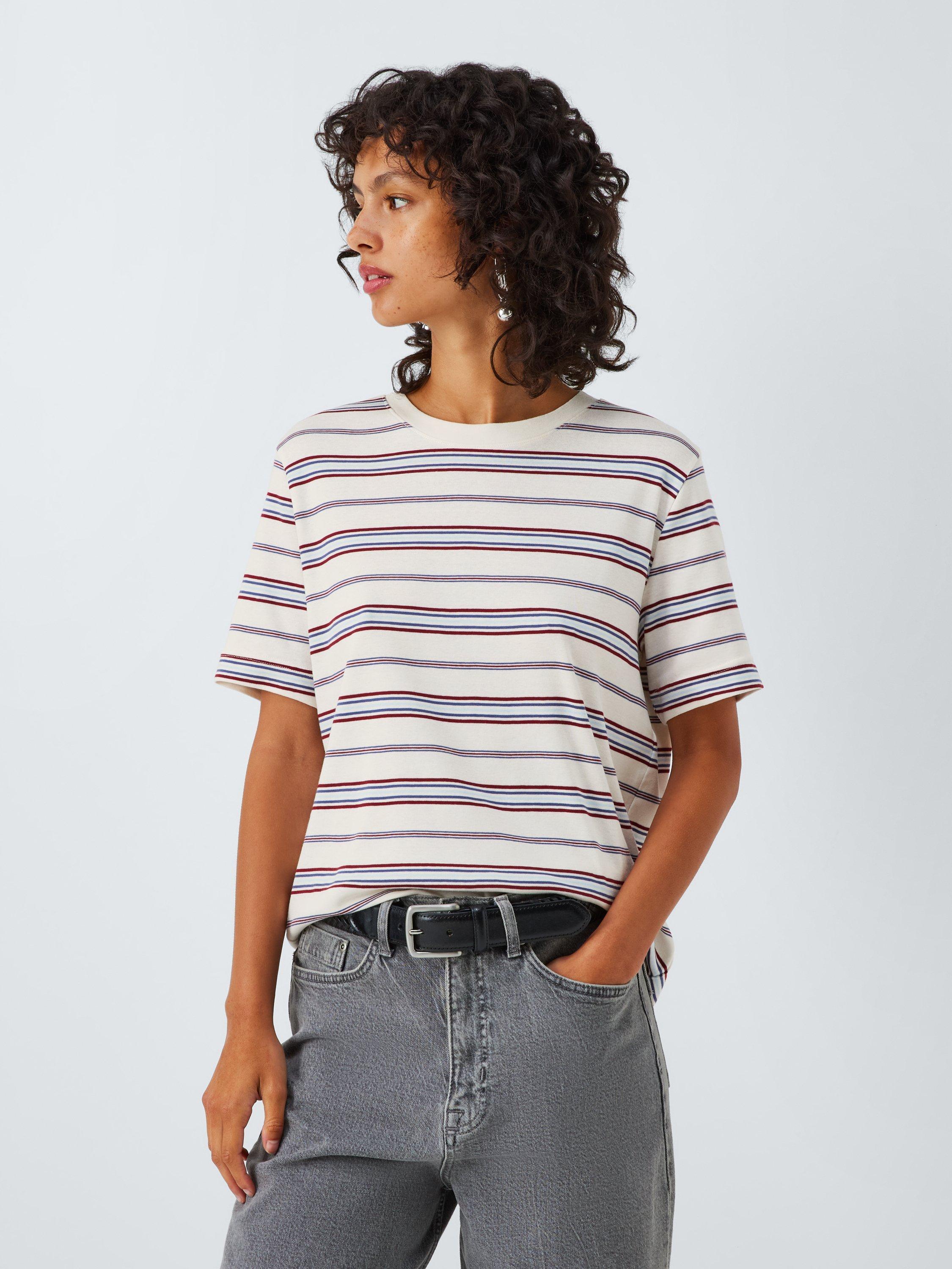 Product image 1 of 6, which shows John Lewis Organic Cotton Crew Neck Stripe T-Shirt, White/Multi, 6