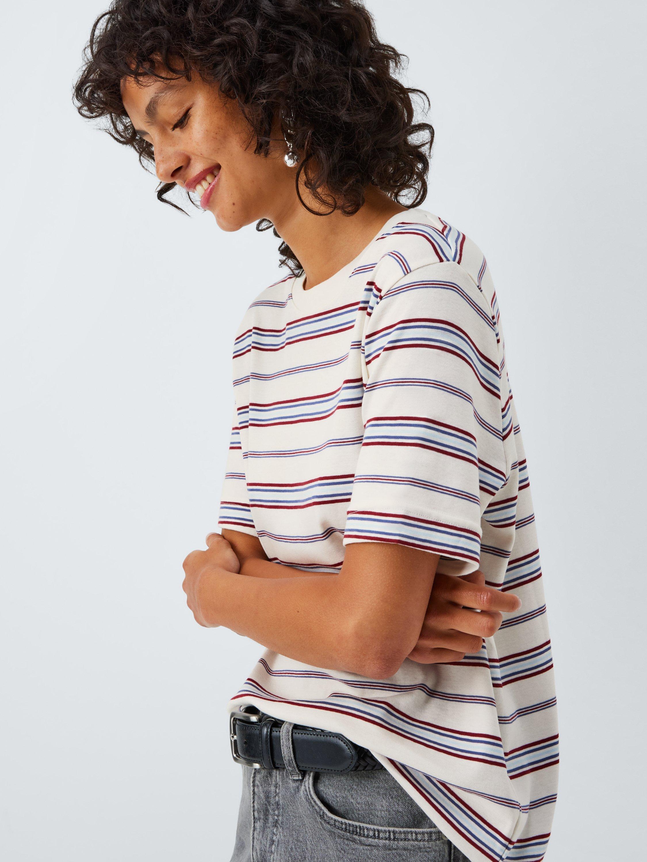 Product image 6 of 6, which shows John Lewis Organic Cotton Crew Neck Stripe T-Shirt, White/Multi, 6