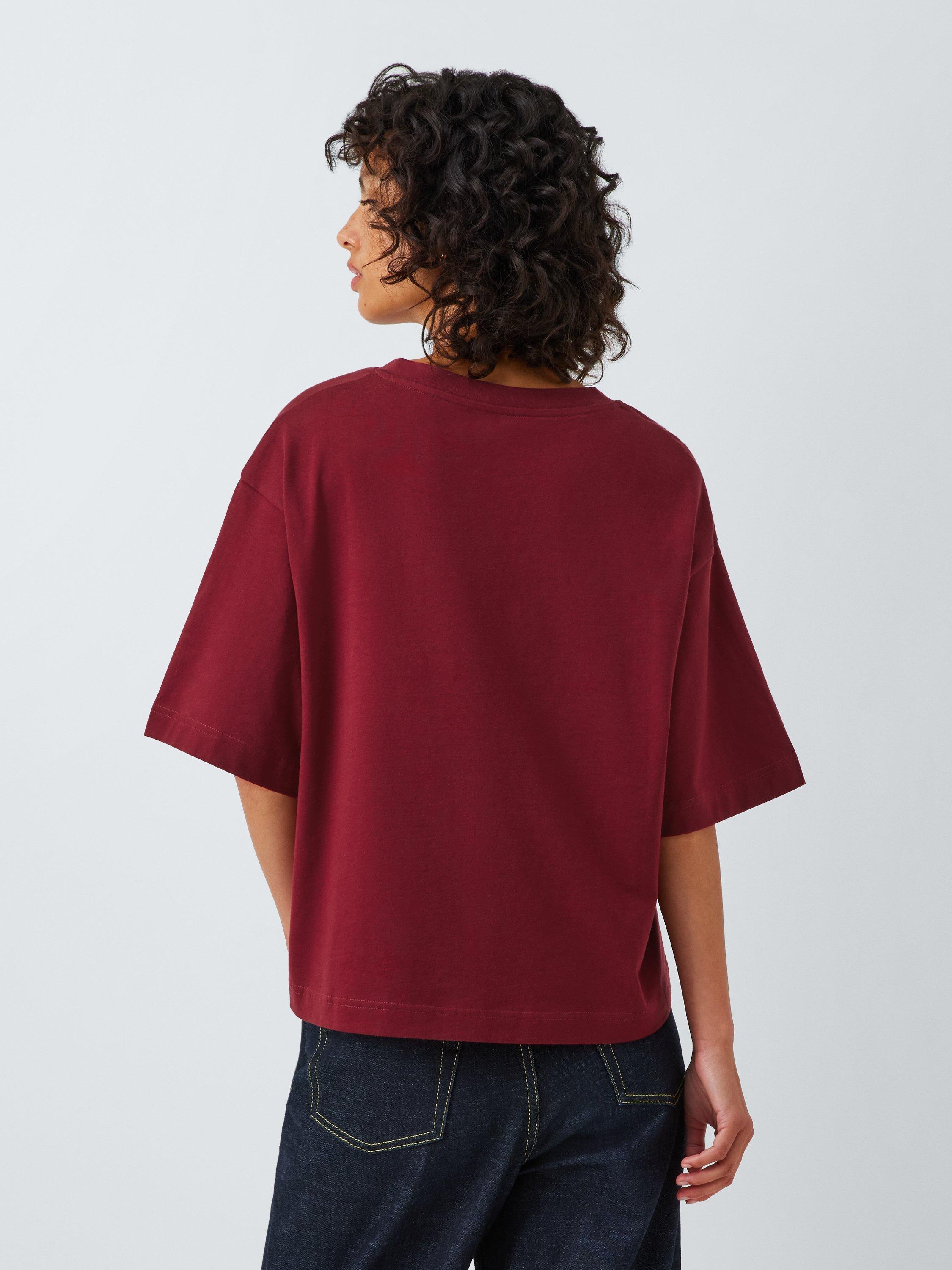 Product image 2 of 6, which shows John Lewis Organic Cotton Oversized V-Neck T-Shirt, Burgundy, 6