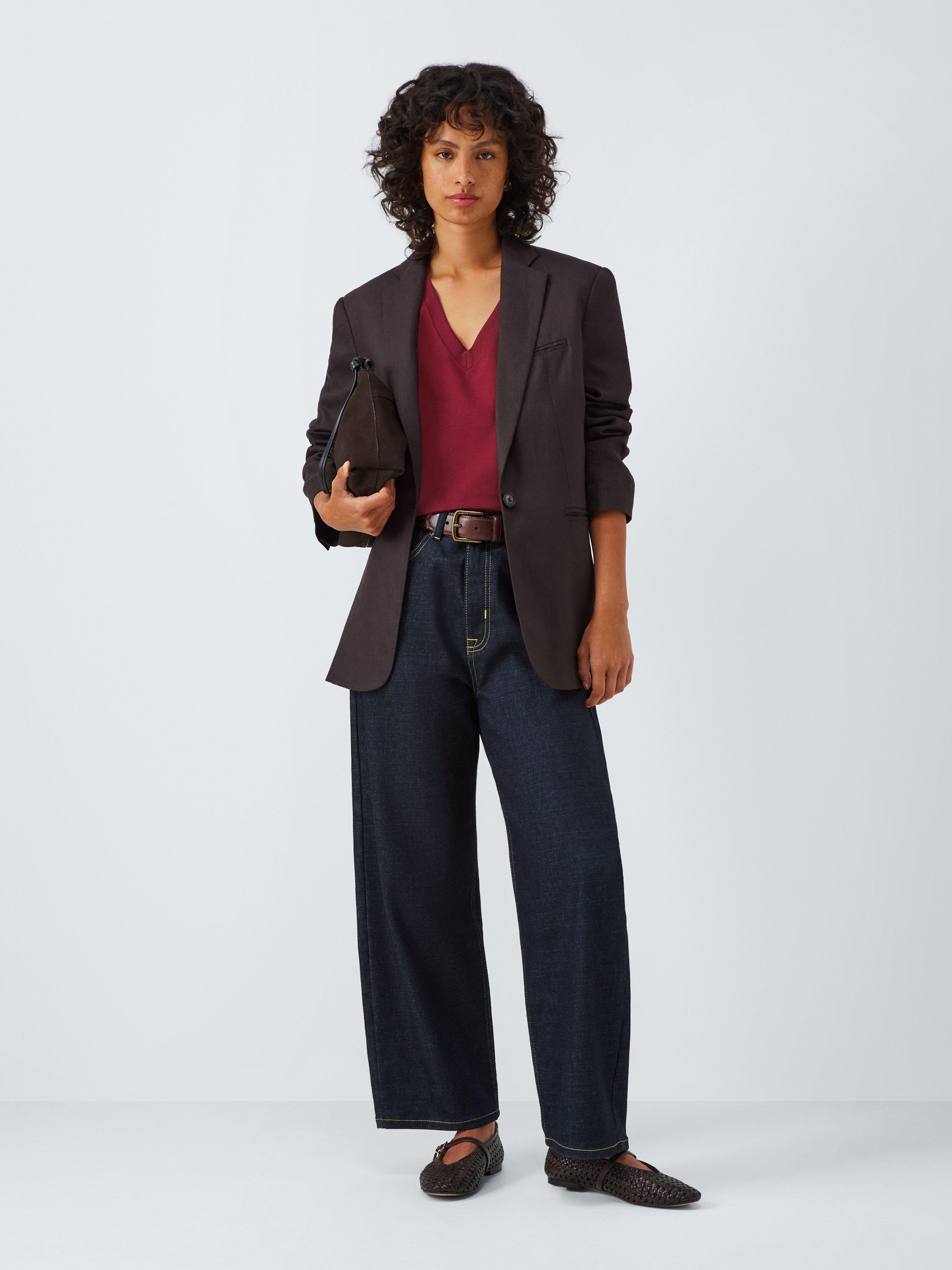 Product image 3 of 6, which shows John Lewis Organic Cotton Oversized V-Neck T-Shirt, Burgundy, 6