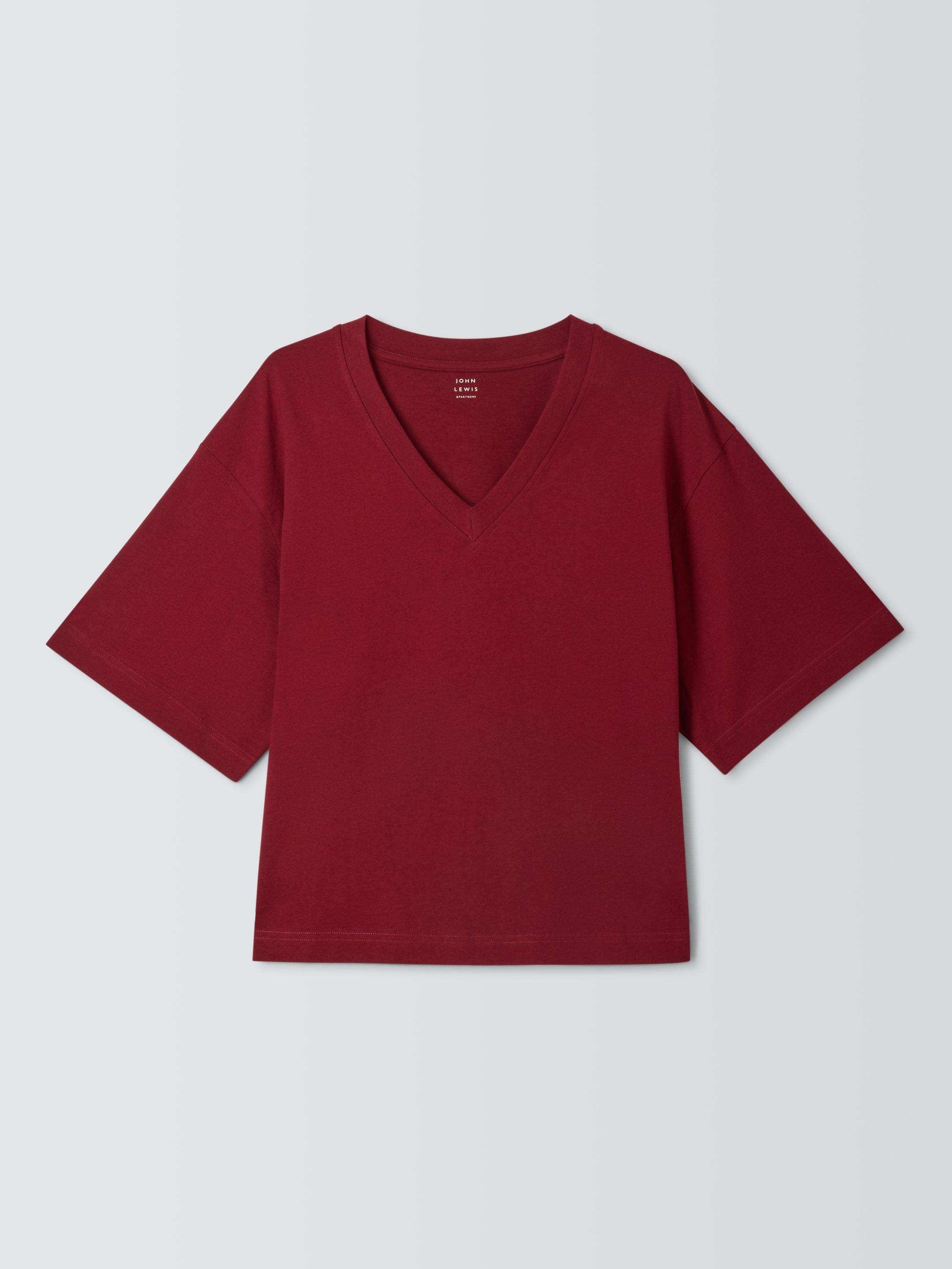 Product image 4 of 6, which shows John Lewis Organic Cotton Oversized V-Neck T-Shirt, Burgundy, 6