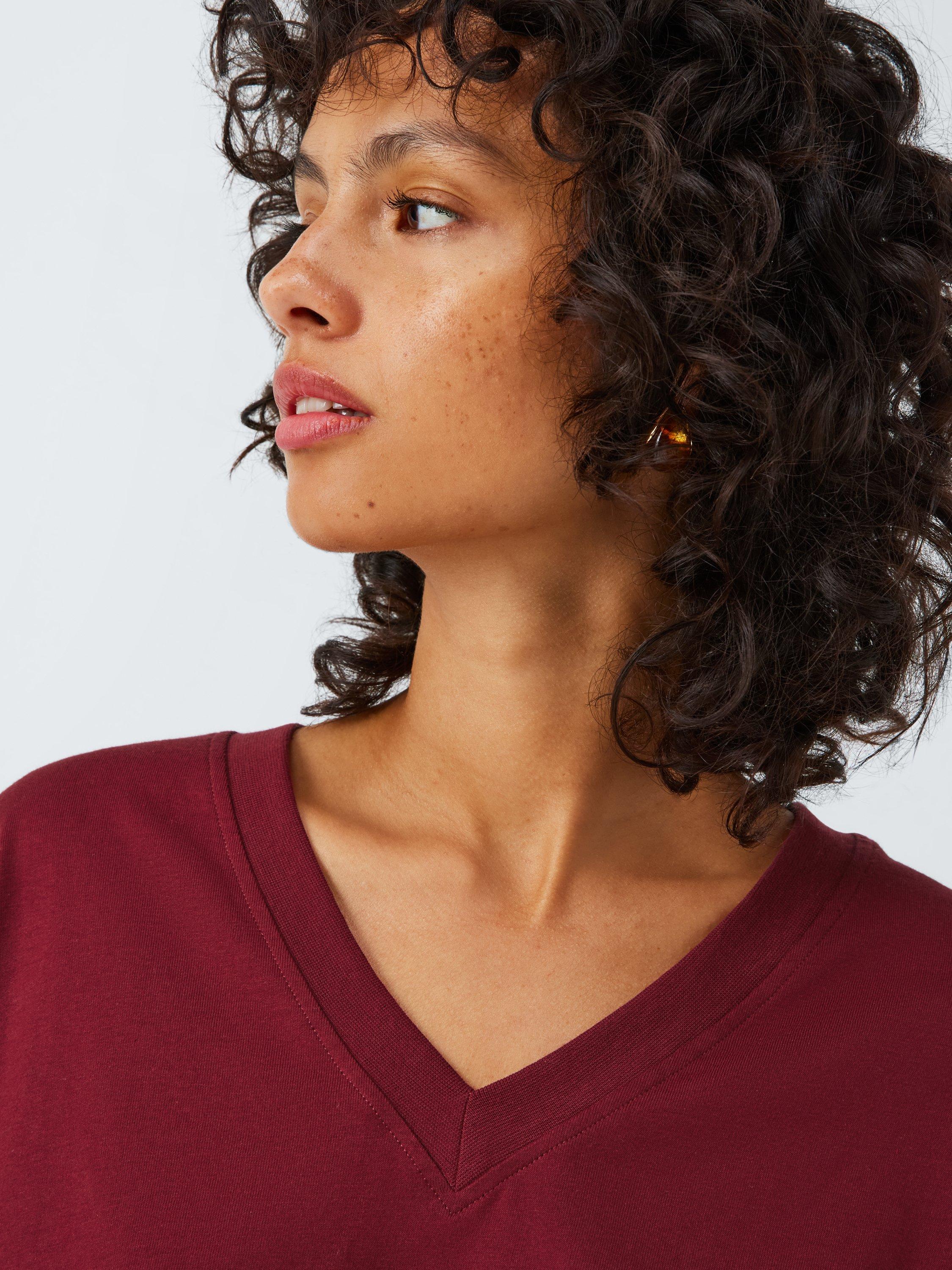 Product image 6 of 6, which shows John Lewis Organic Cotton Oversized V-Neck T-Shirt, Burgundy, 6