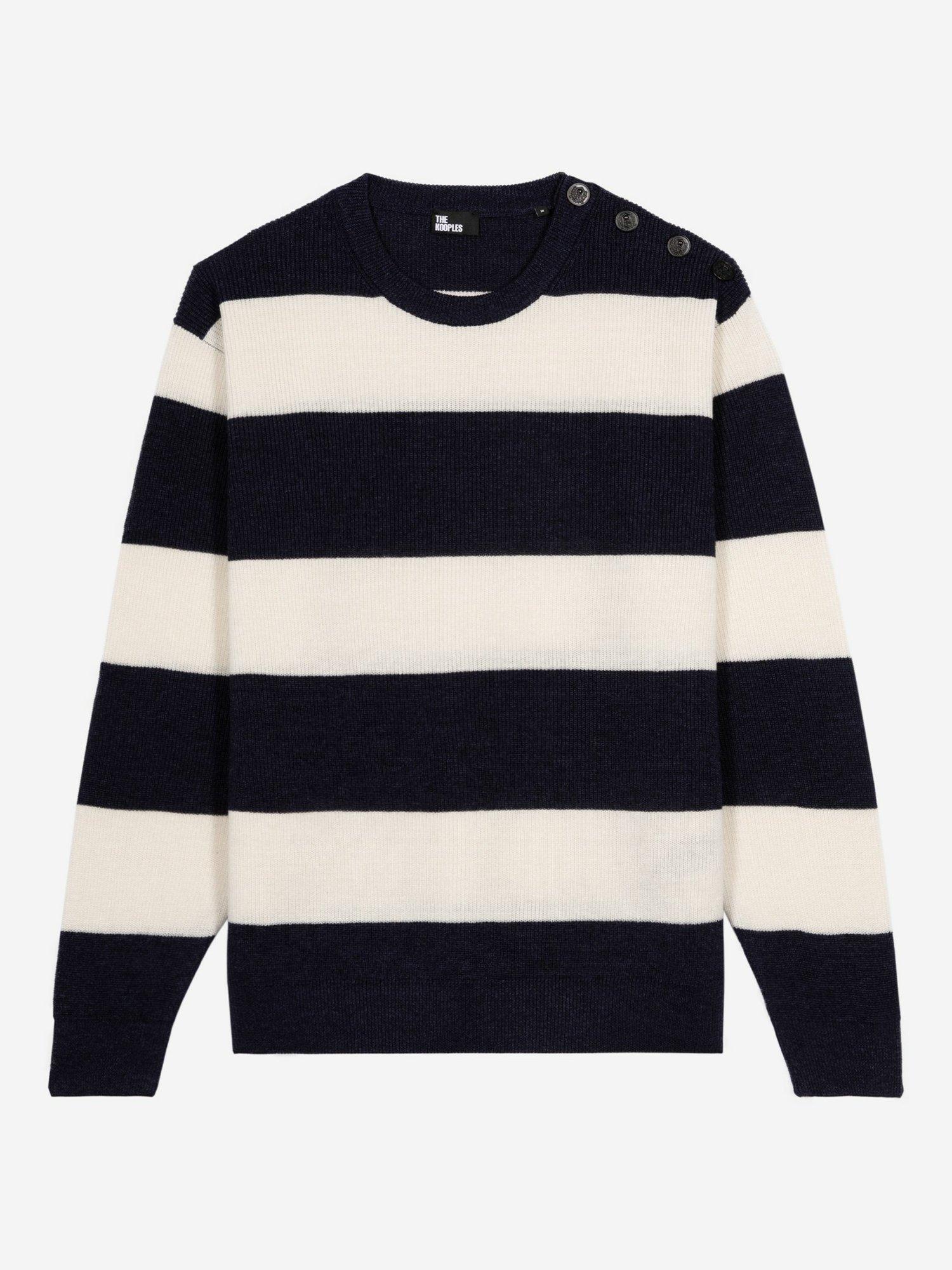 Product image 1 of 2, which shows THE KOOPLES Striped Button Shoulder Sweater, Navy Stripe, S