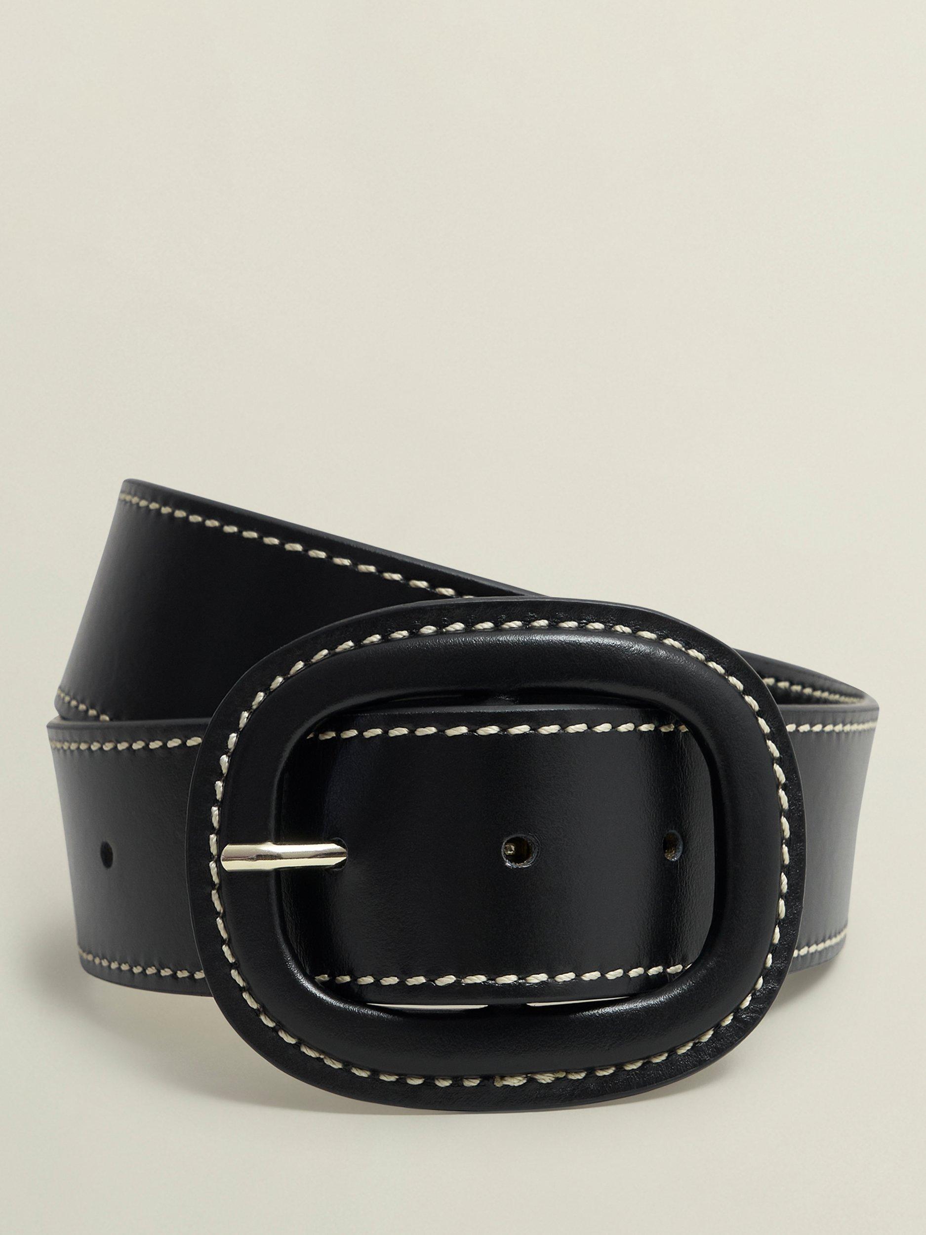 Hobbs Abbie Contrast Stitch Leather Belt, Black/Ivory