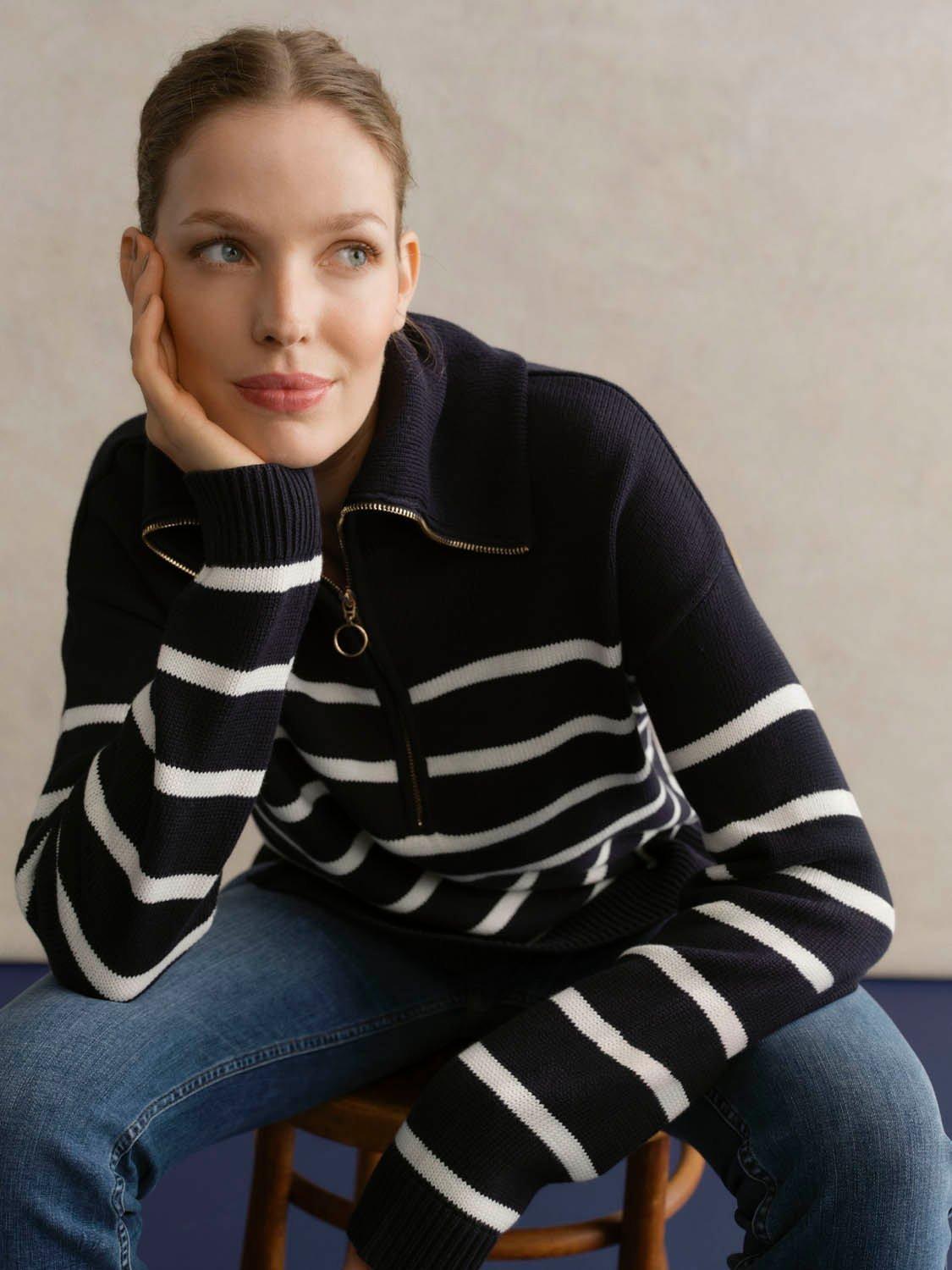 Product image 1 of 6, which shows Hobbs Amy Stripe Zip Neck Jumper, Warm Ivory/Navy, L