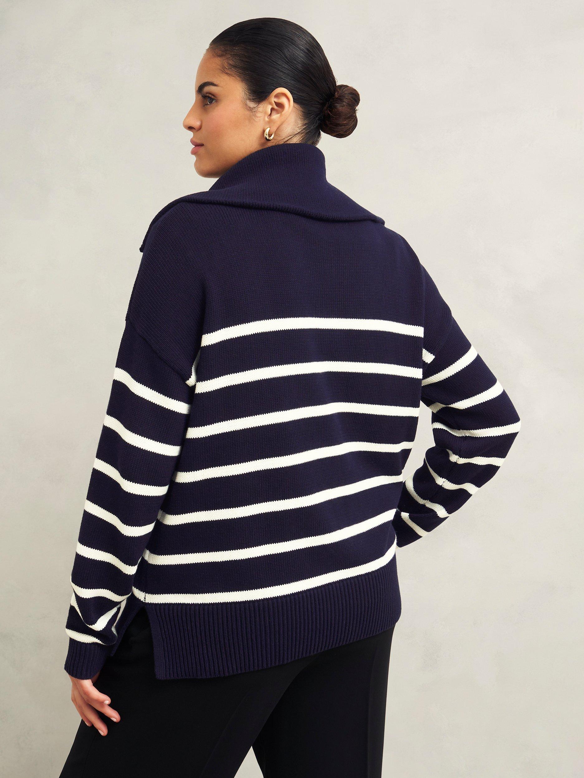 Product image 2 of 6, which shows Hobbs Amy Stripe Zip Neck Jumper, Warm Ivory/Navy, L