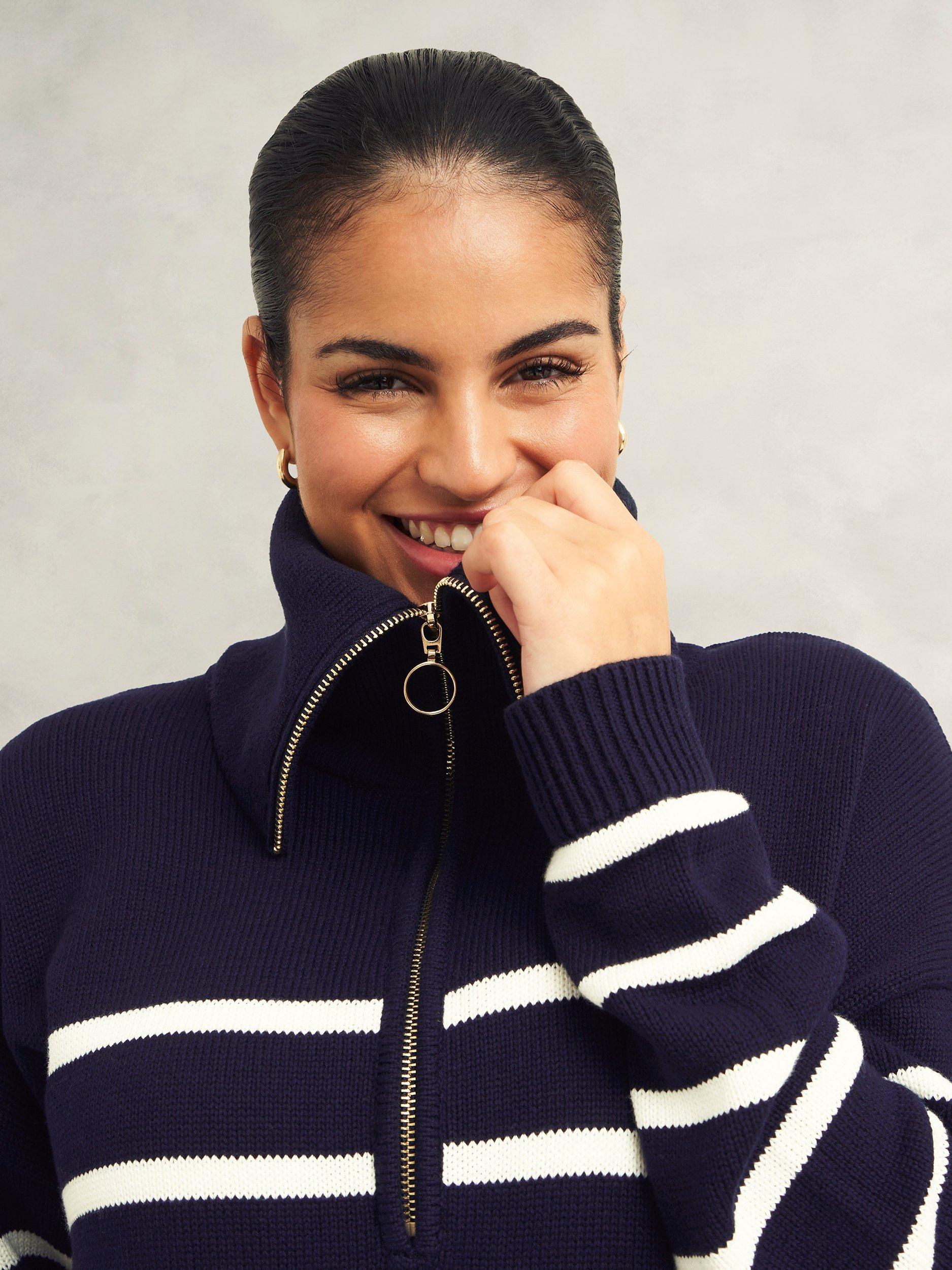 Product image 3 of 6, which shows Hobbs Amy Stripe Zip Neck Jumper, Warm Ivory/Navy, L