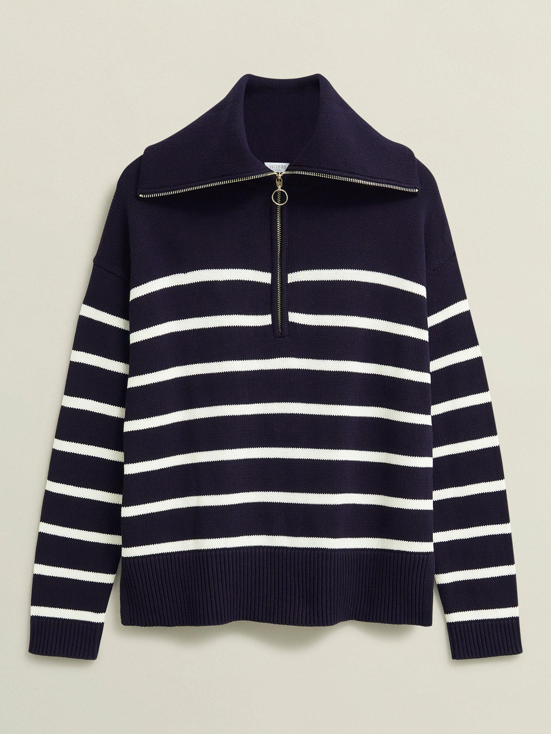 Product image 4 of 6, which shows Hobbs Amy Stripe Zip Neck Jumper, Warm Ivory/Navy, L