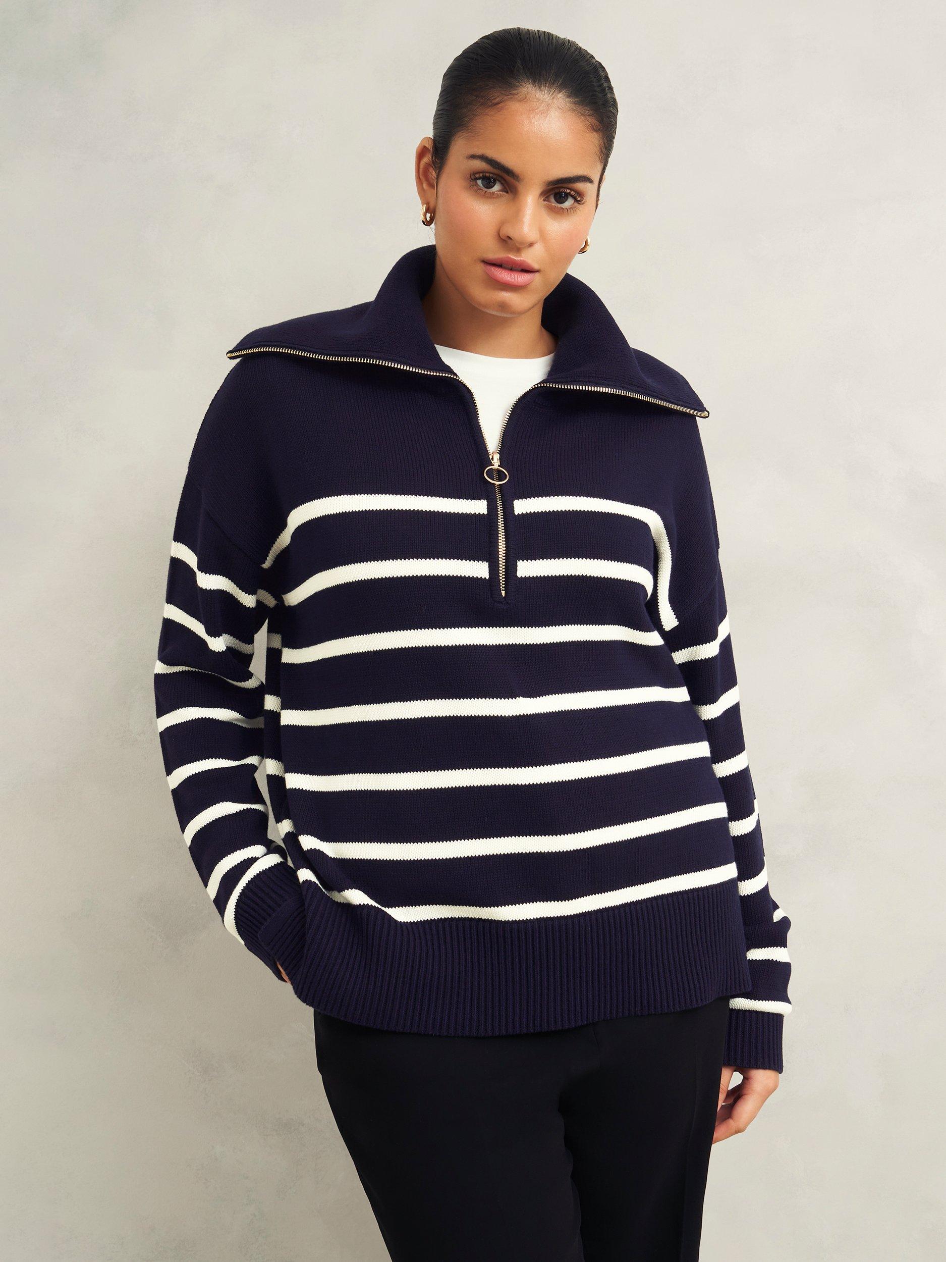 Product image 5 of 6, which shows Hobbs Amy Stripe Zip Neck Jumper, Warm Ivory/Navy, L