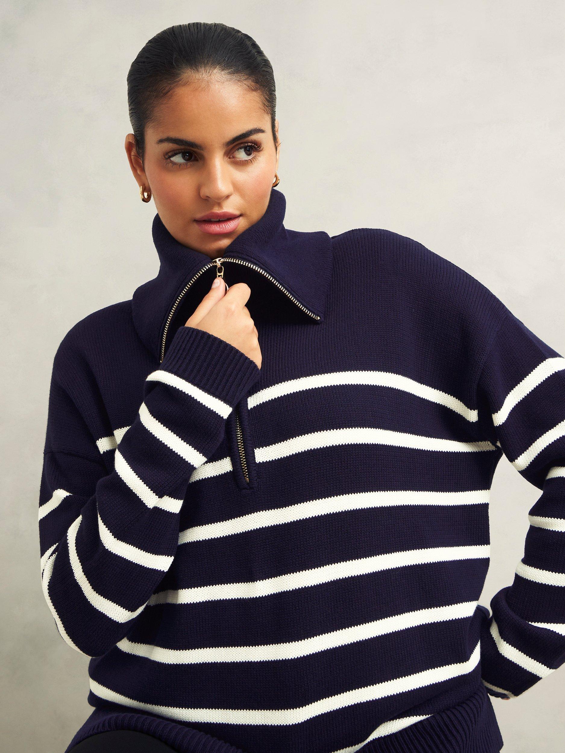 Product image 6 of 6, which shows Hobbs Amy Stripe Zip Neck Jumper, Warm Ivory/Navy, L