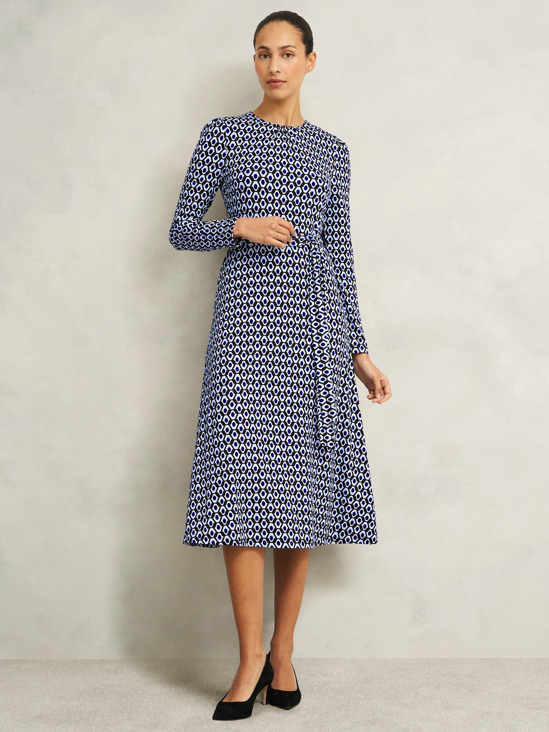 Product image 1 of 3, which shows Hobbs Petite Dakota Geometric Dress, Navy/Multi, 12