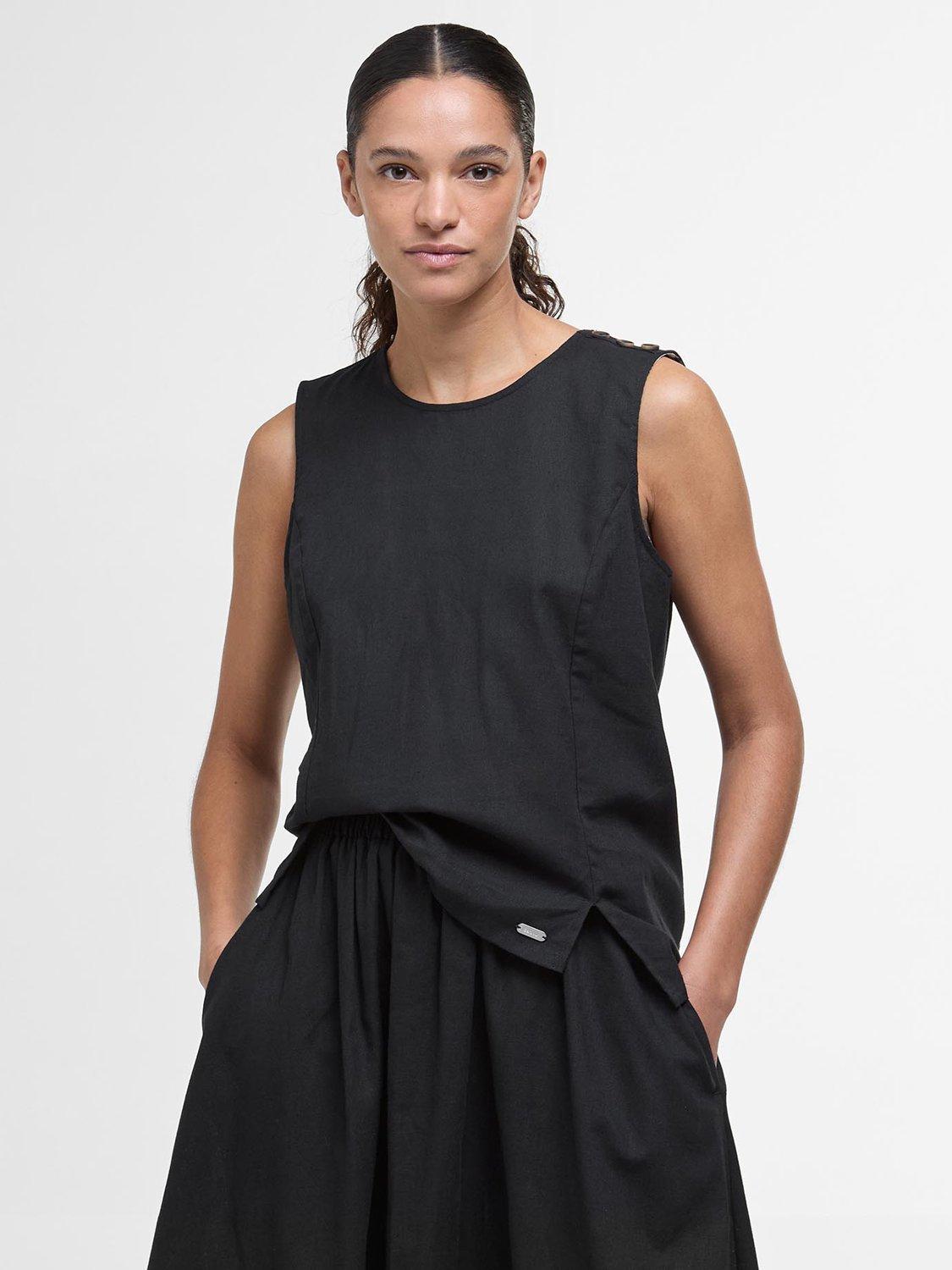 Product image 1 of 7, which shows Barbour Lucy Sleeveless Cotton Rich Top, Black, 16