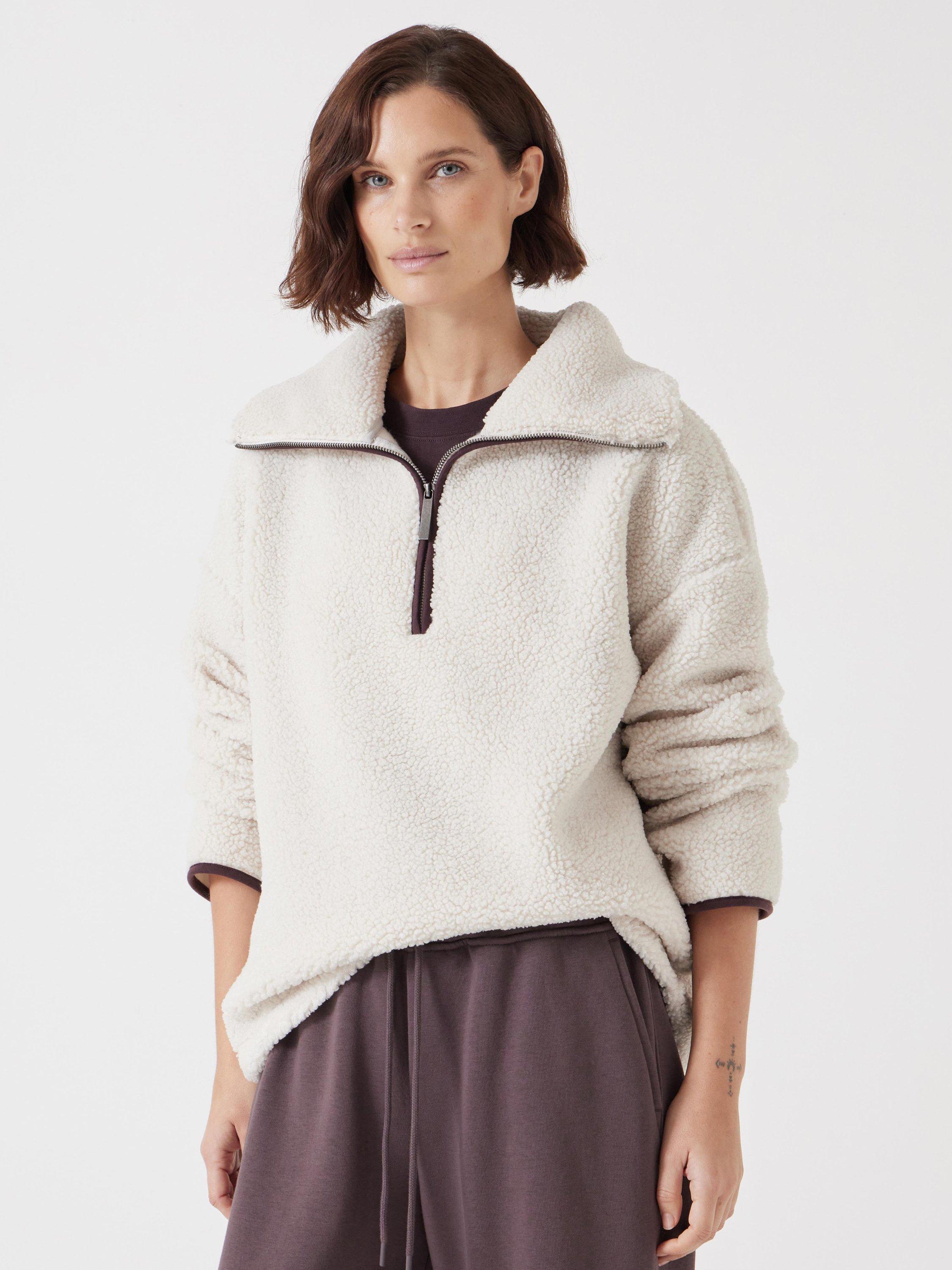 Product image 1 of 3, which shows HUSH Borg 1/2 Zip Sweatshirt, Cream, XS-S